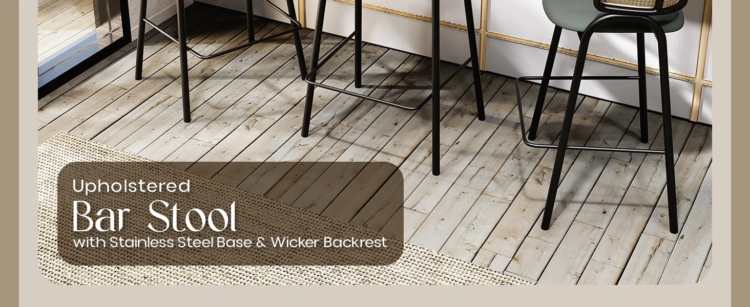 Ervilla Wicker Bar Stool with Fabric Seat and Black Steel Frame - Grey Leather