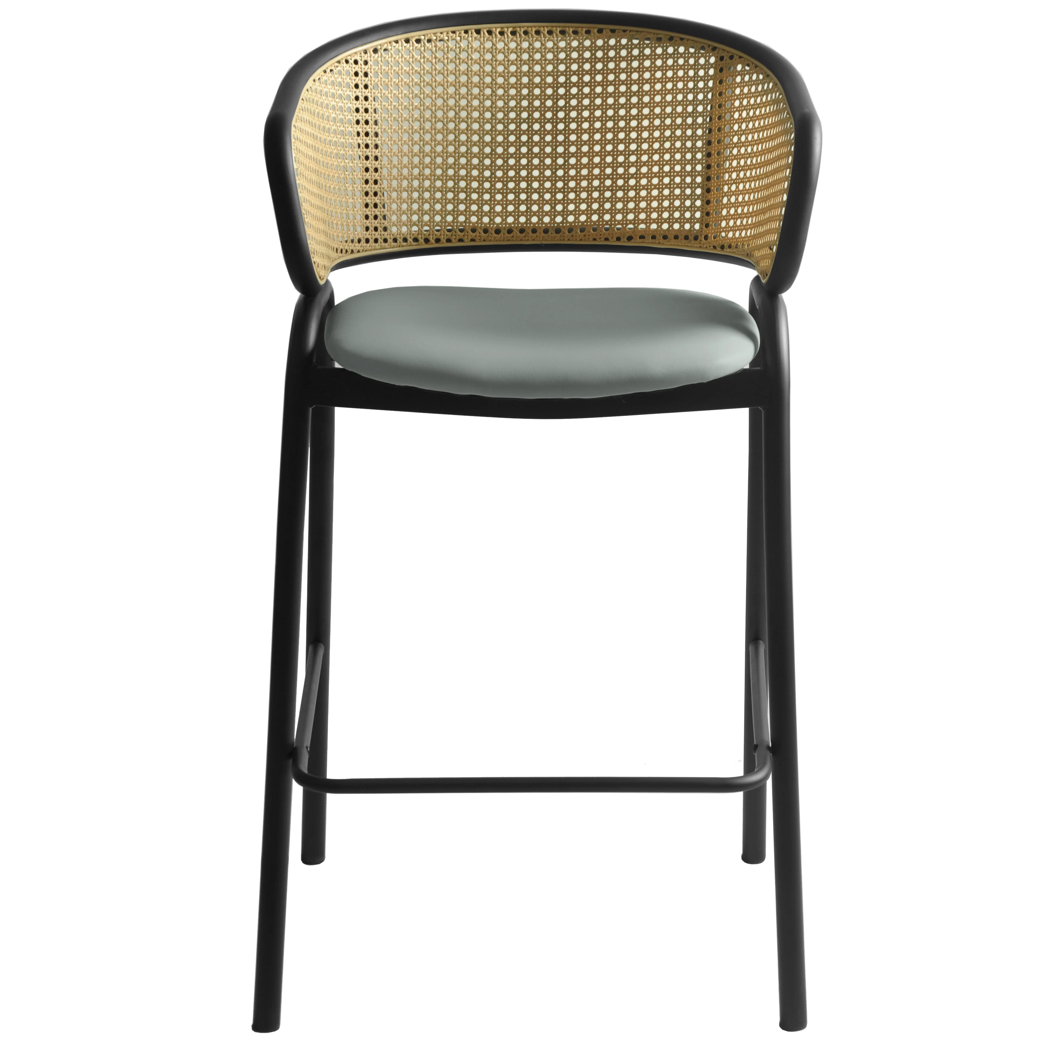 Ervilla Wicker Bar Stool with Fabric Seat and Black Steel Frame - Grey Leather