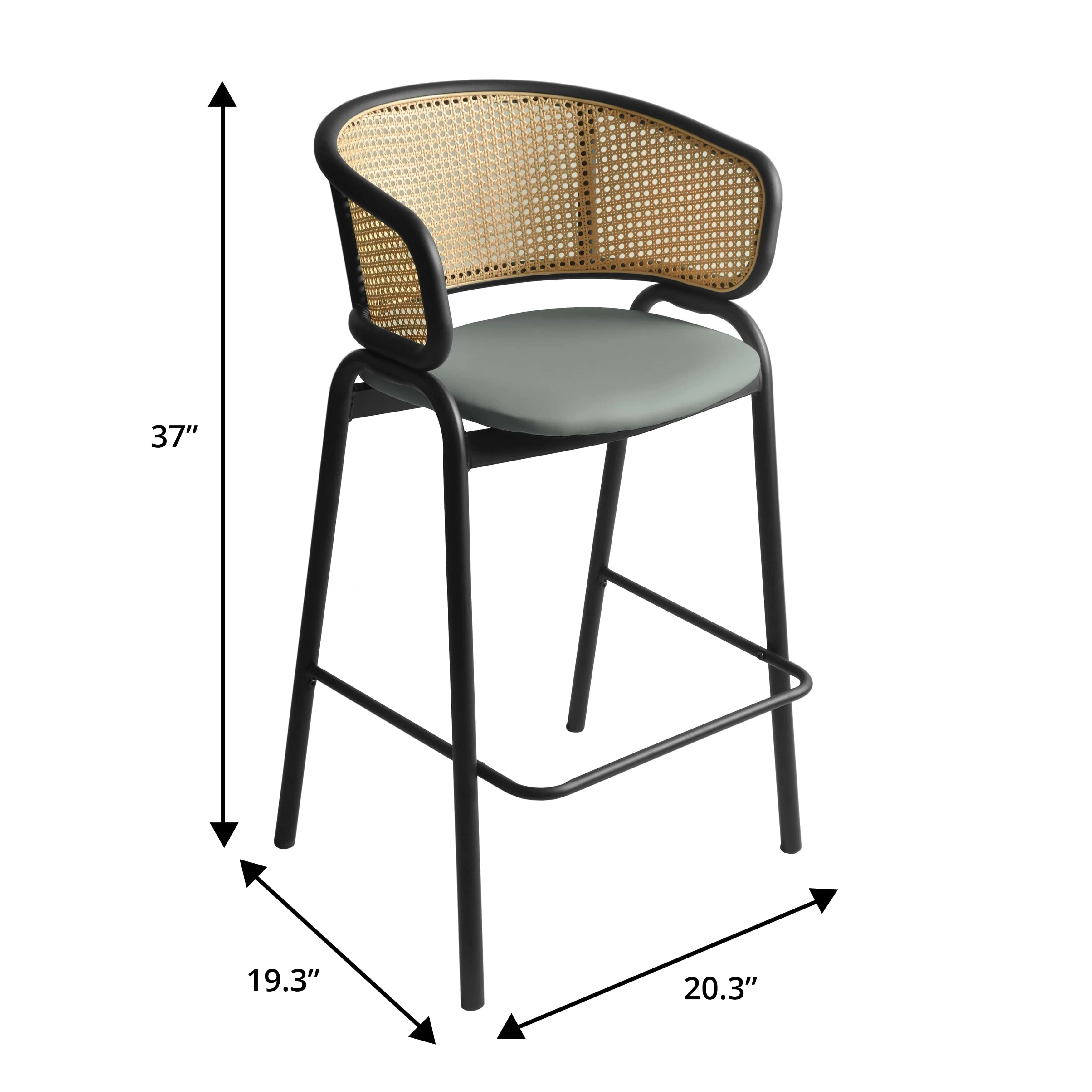 Ervilla Wicker Bar Stool with Fabric Seat and Black Steel Frame - Grey Leather - Set of 2