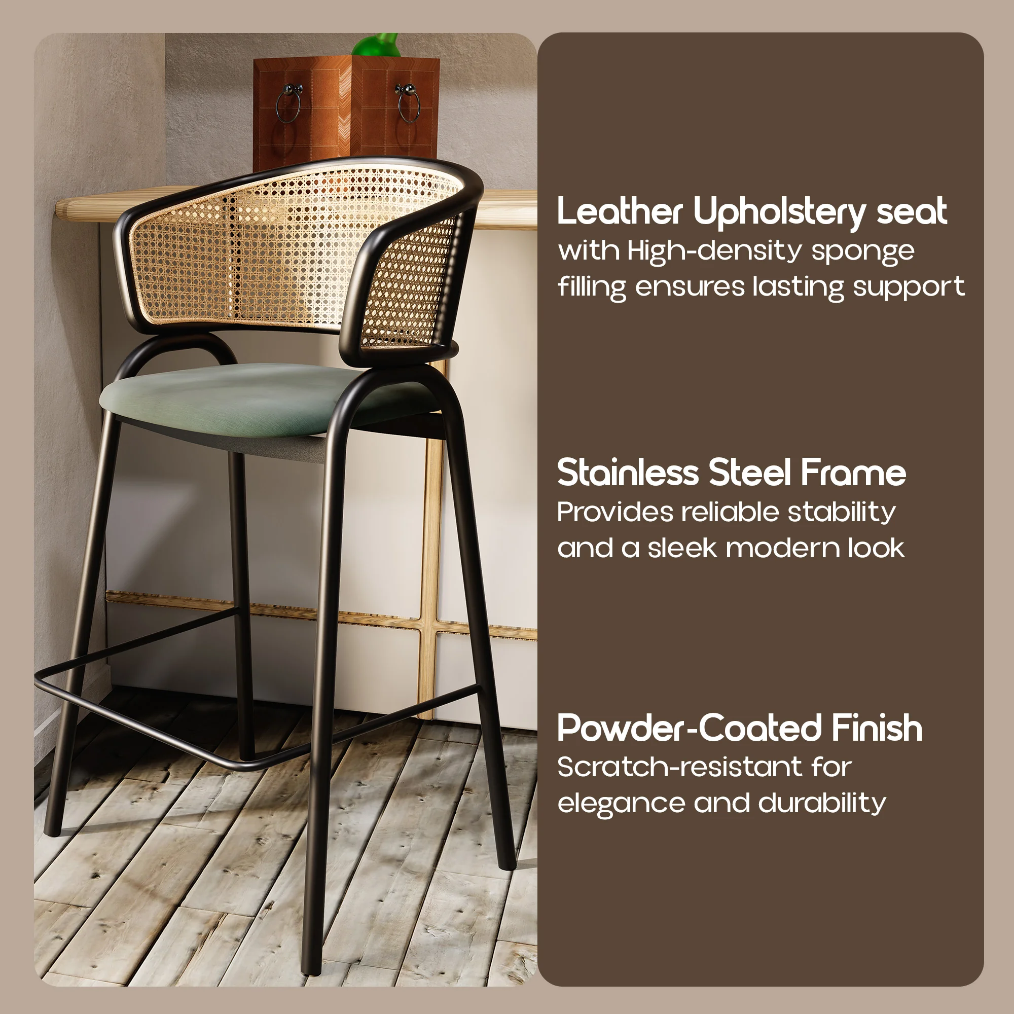 Ervilla Wicker Bar Stool with Fabric Seat and Black Steel Frame - Grey Leather - Set of 2