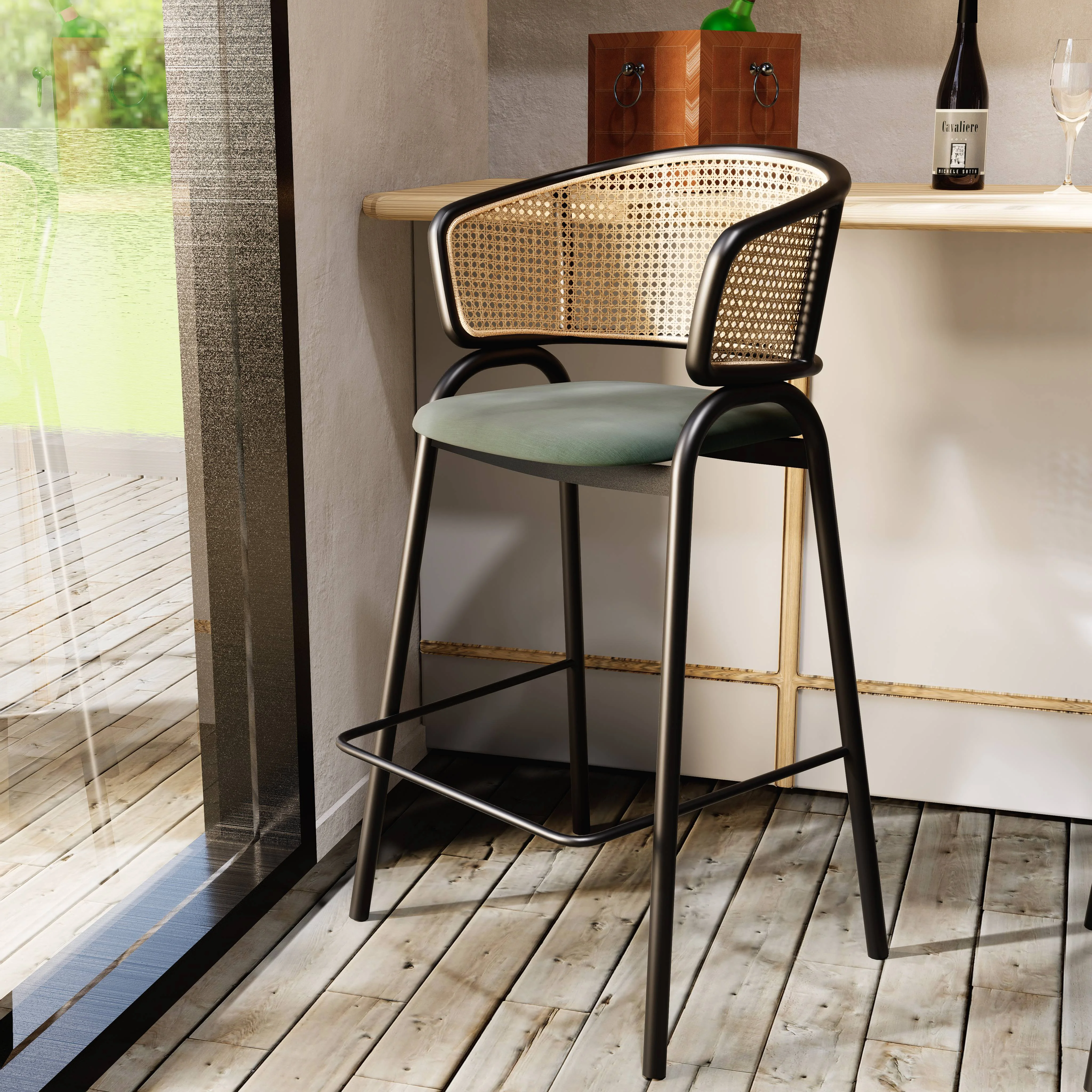 Ervilla Wicker Bar Stool with Fabric Seat and Black Steel Frame - Grey Leather - Set of 2