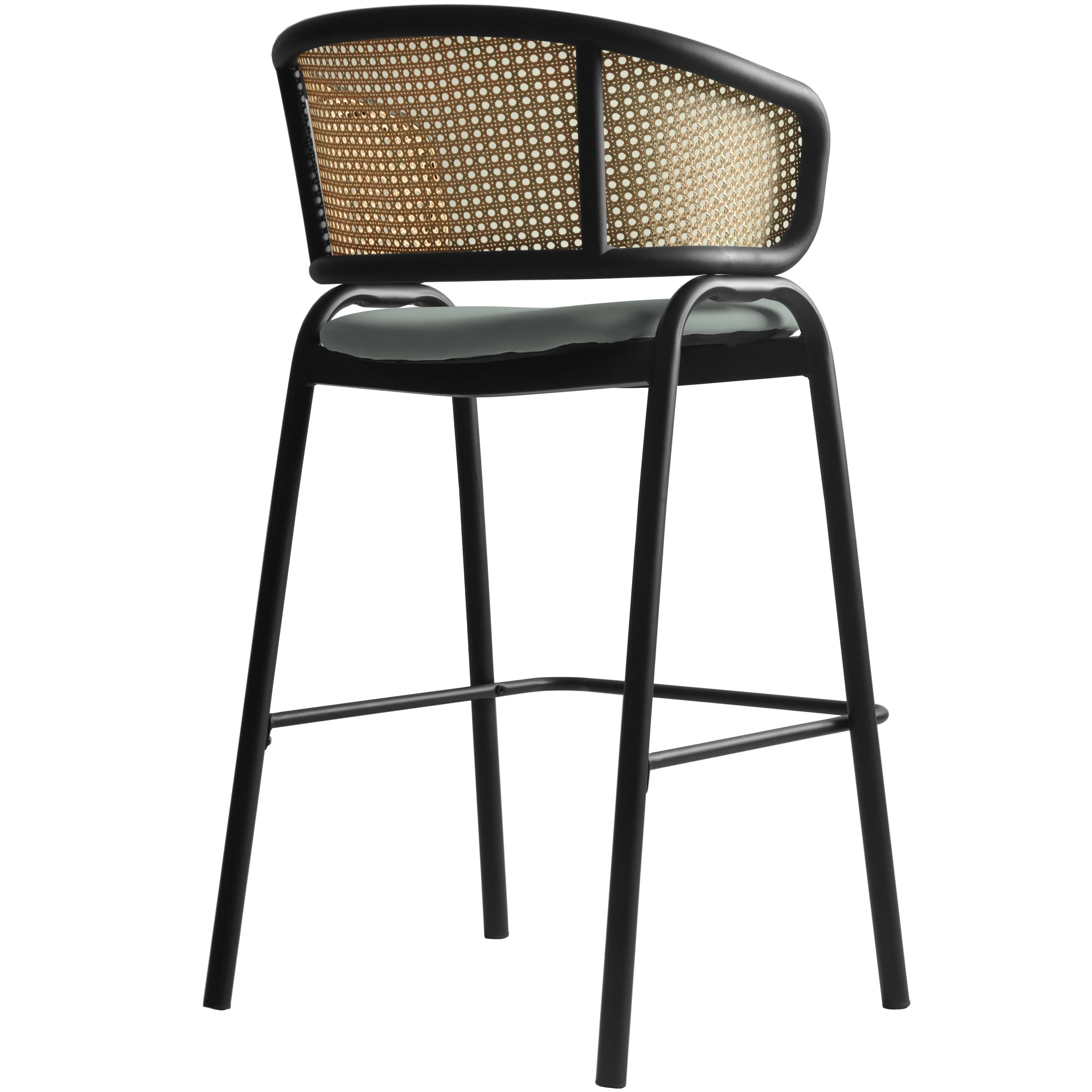 Ervilla Wicker Bar Stool with Fabric Seat and Black Steel Frame - Grey Leather - Set of 2
