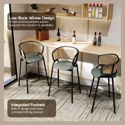 Ervilla Wicker Bar Stool with Fabric Seat and Black Steel Frame - Grey Leather - Set of 2