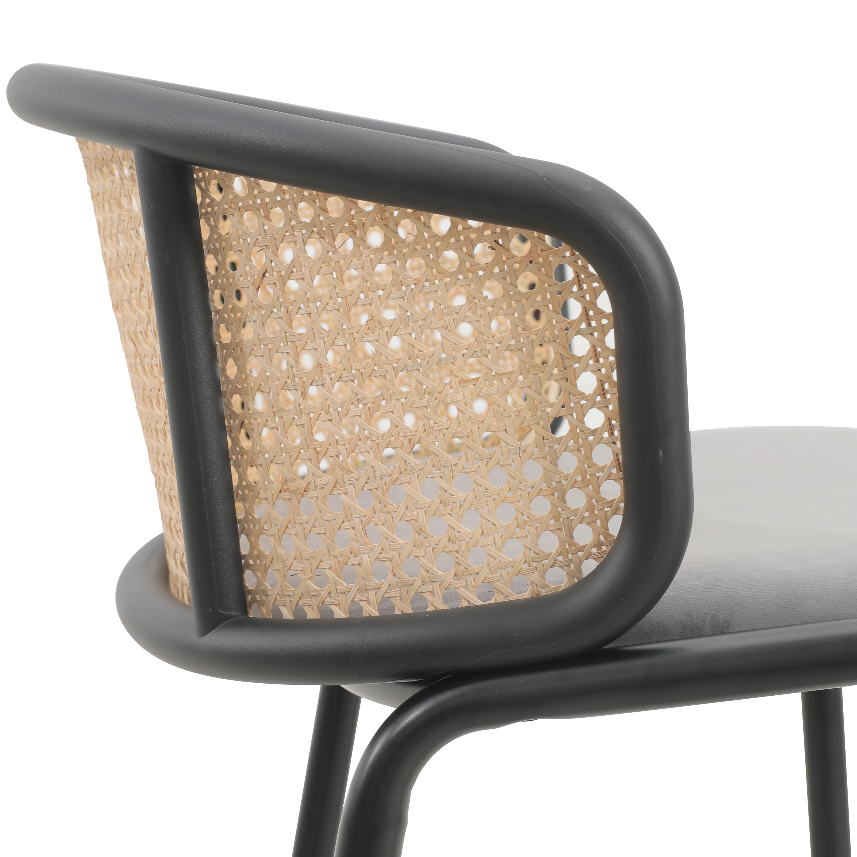 Ervilla Mid-Century Modern Wicker Bar Stool with Fabric Seat and Black Powder Coated Steel Frame for Kitchen and Dining Room in Grey