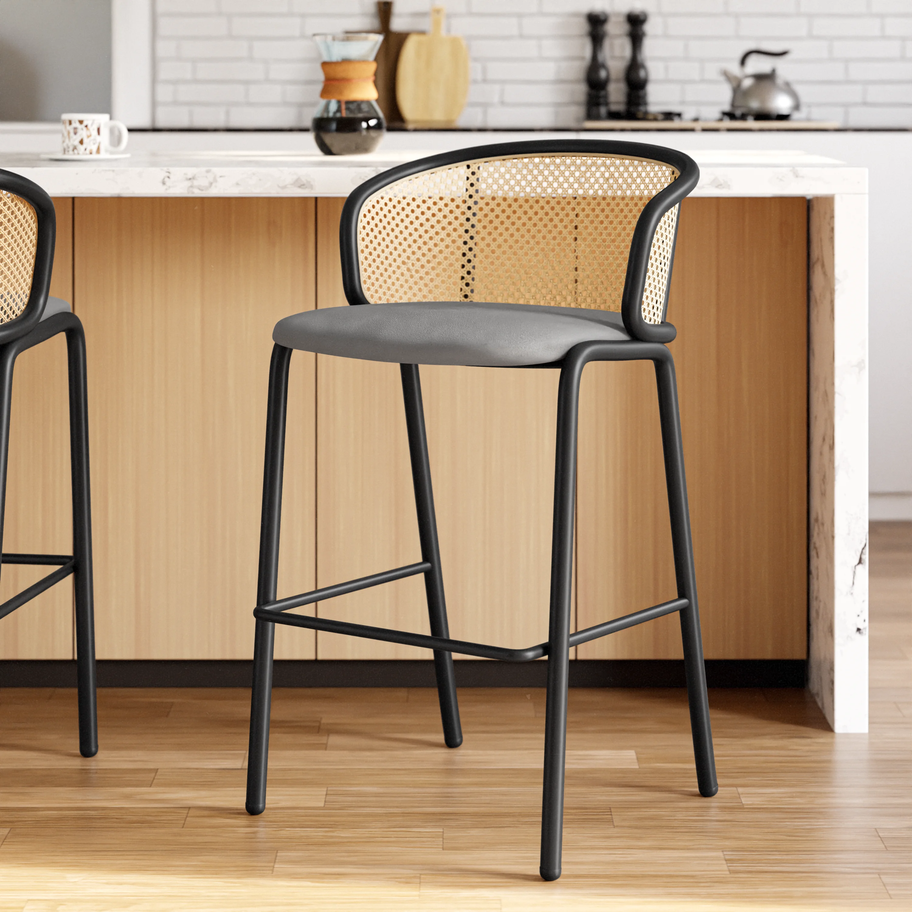 Ervilla Mid-Century Modern Wicker Bar Stool with Fabric Seat and Black Powder Coated Steel Frame, Set of 2 in Grey