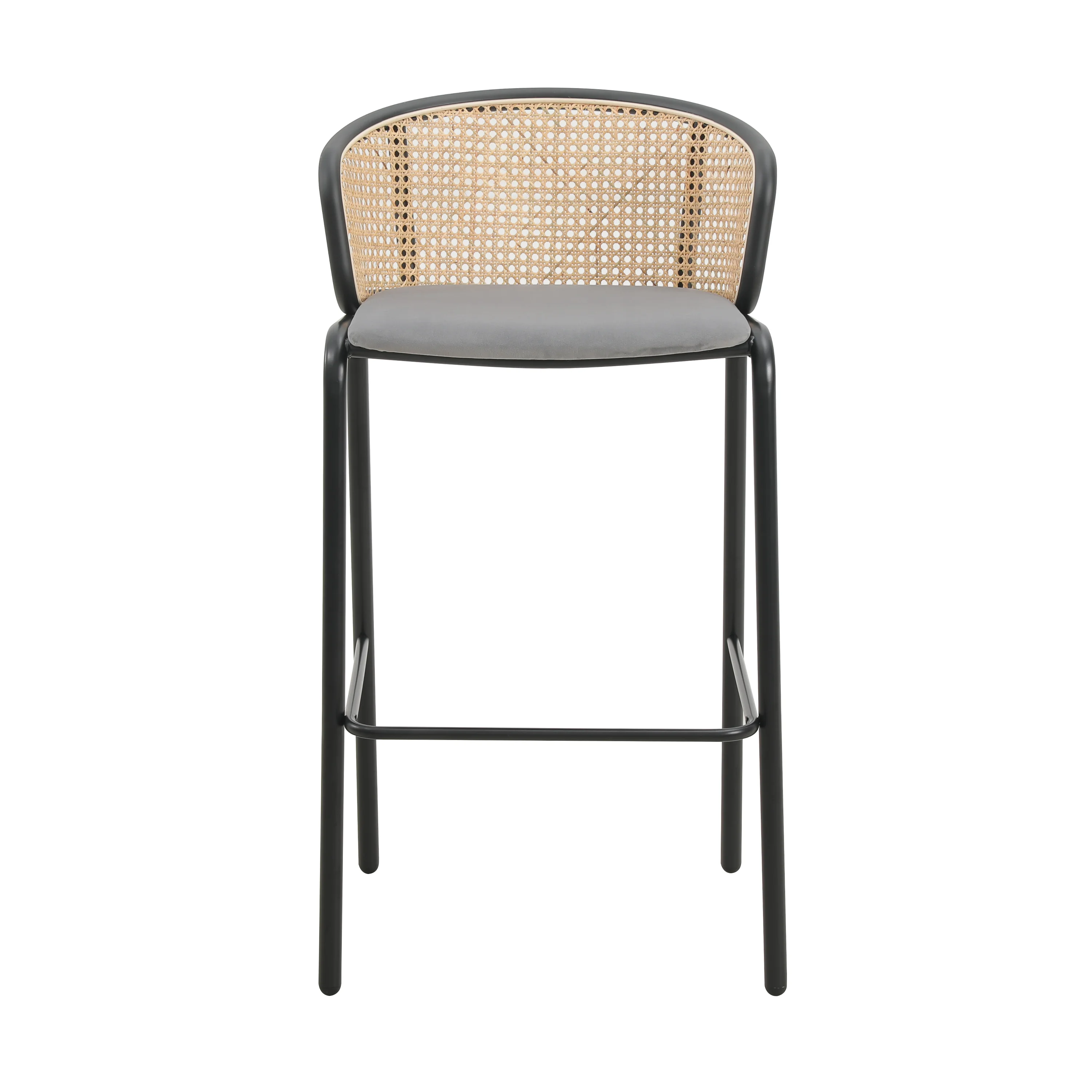 Ervilla Mid-Century Modern Wicker Bar Stool with Fabric Seat and Black Powder Coated Steel Frame, Set of 2 in Grey