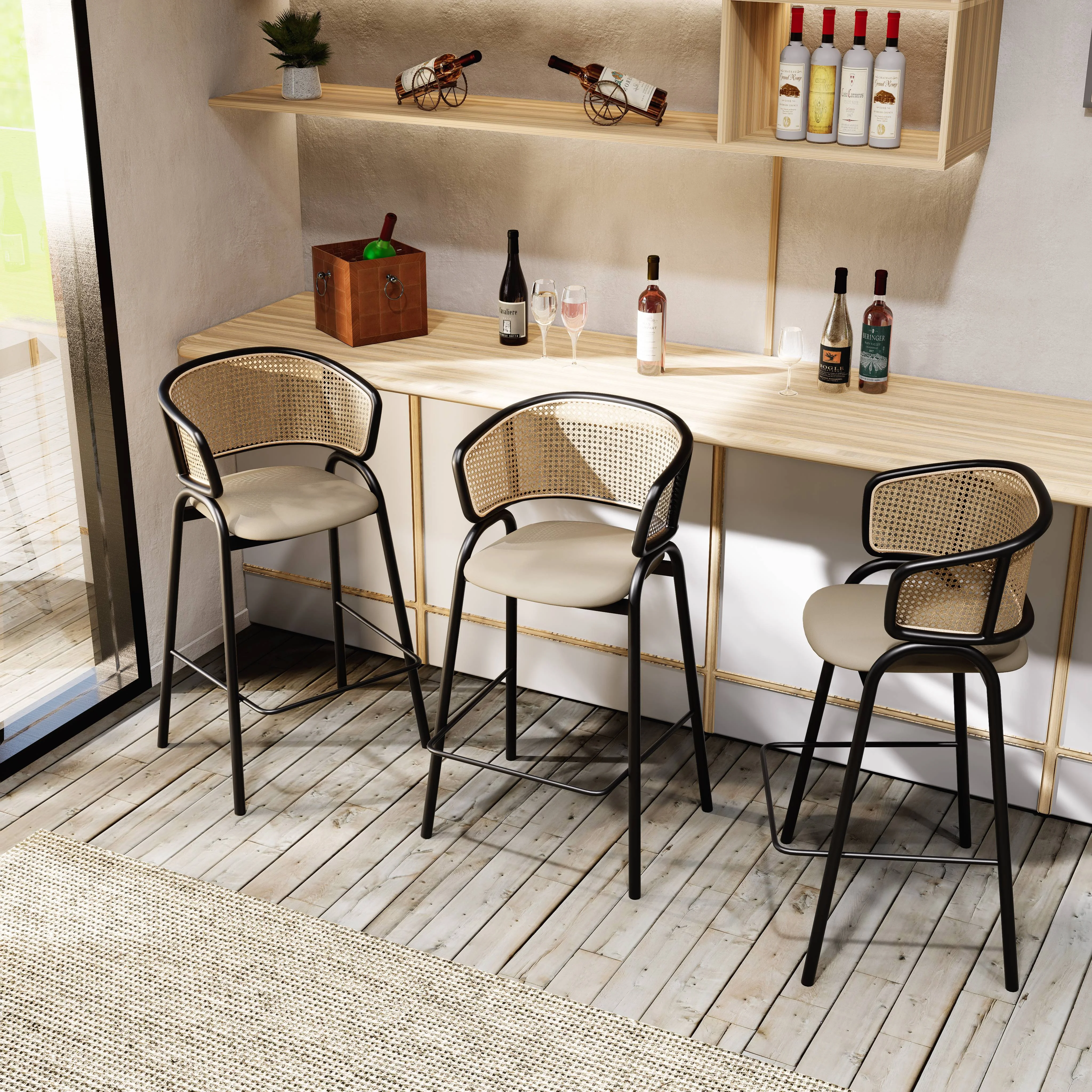 Ervilla Wicker Bar Stool with Fabric Seat and Black Steel Frame - Taupe