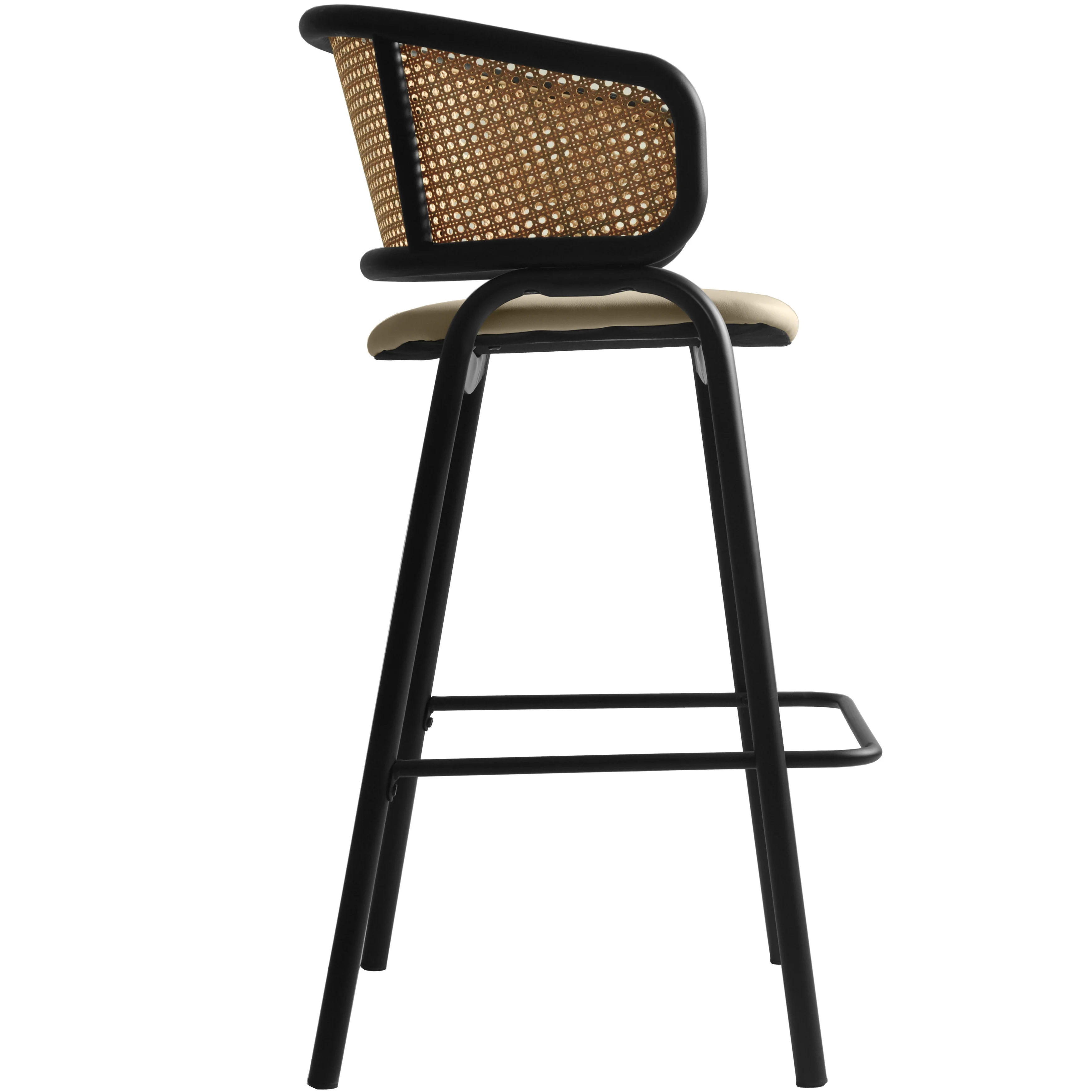 Ervilla Wicker Bar Stool with Fabric Seat and Black Steel Frame - Taupe - Set of 2