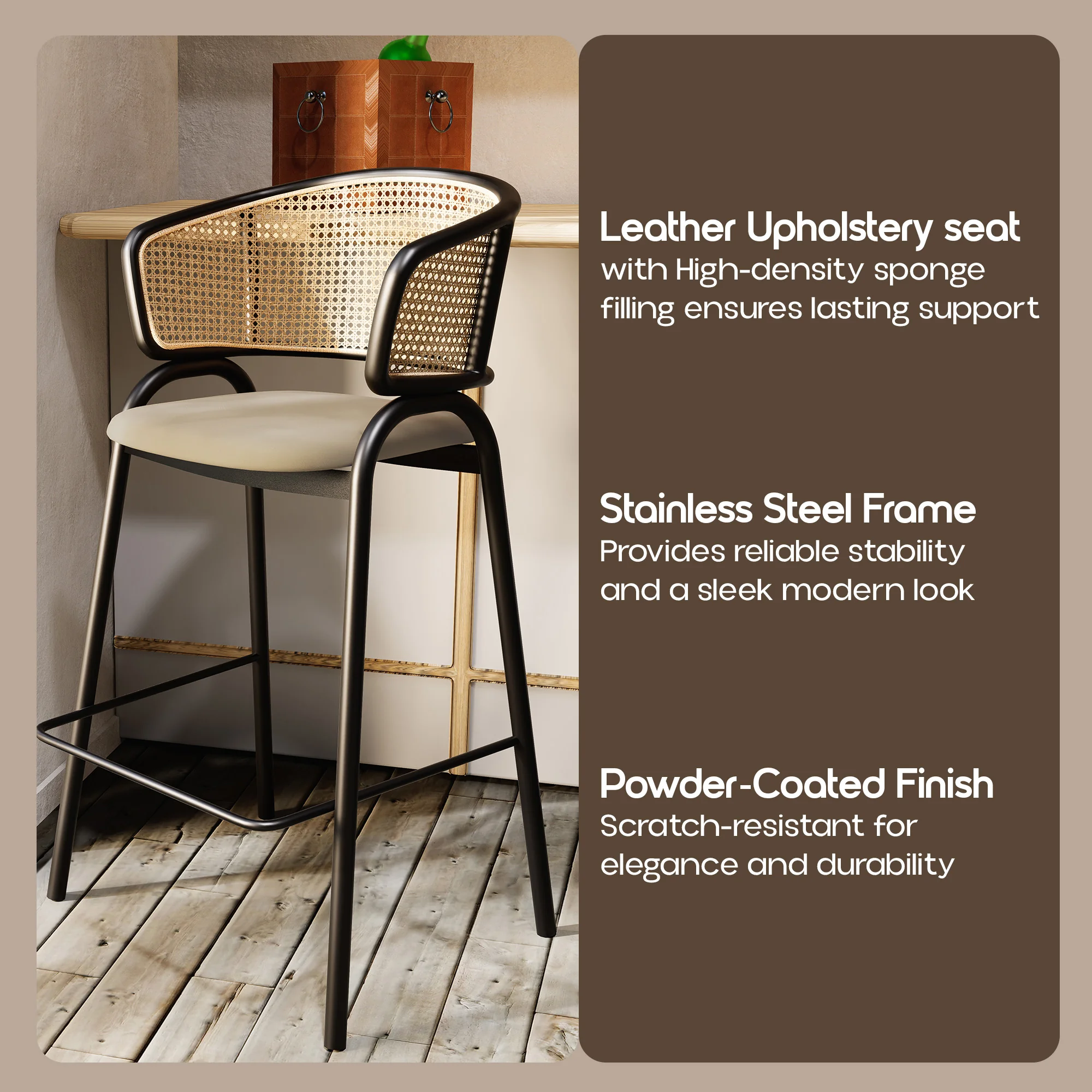 Ervilla Wicker Bar Stool with Fabric Seat and Black Steel Frame - Taupe - Set of 2