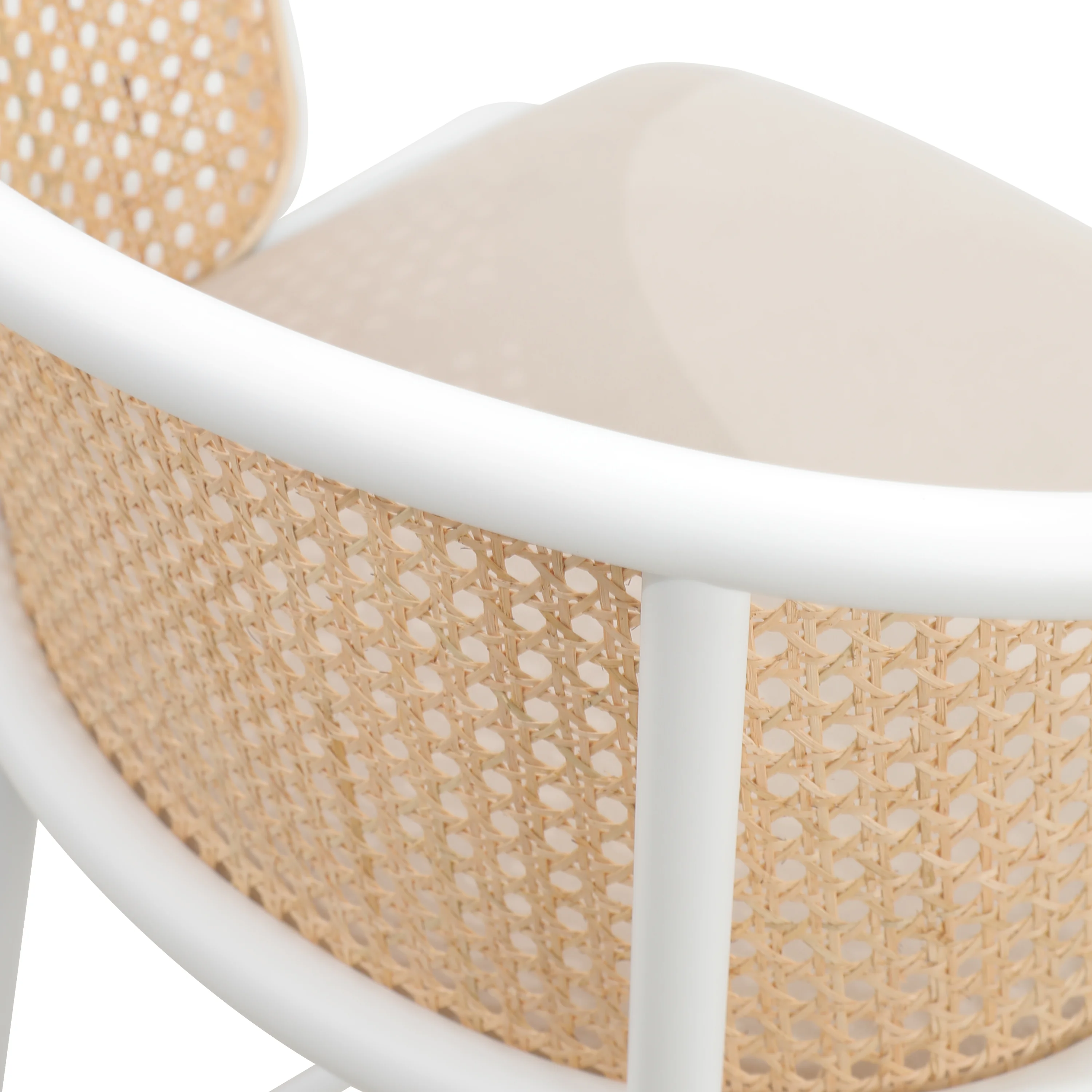 Ervilla Mid-Century Modern Wicker Bar Stool with Fabric Seat and White Powder Coated Steel Frame for Kitchen and Dining Room in Beige