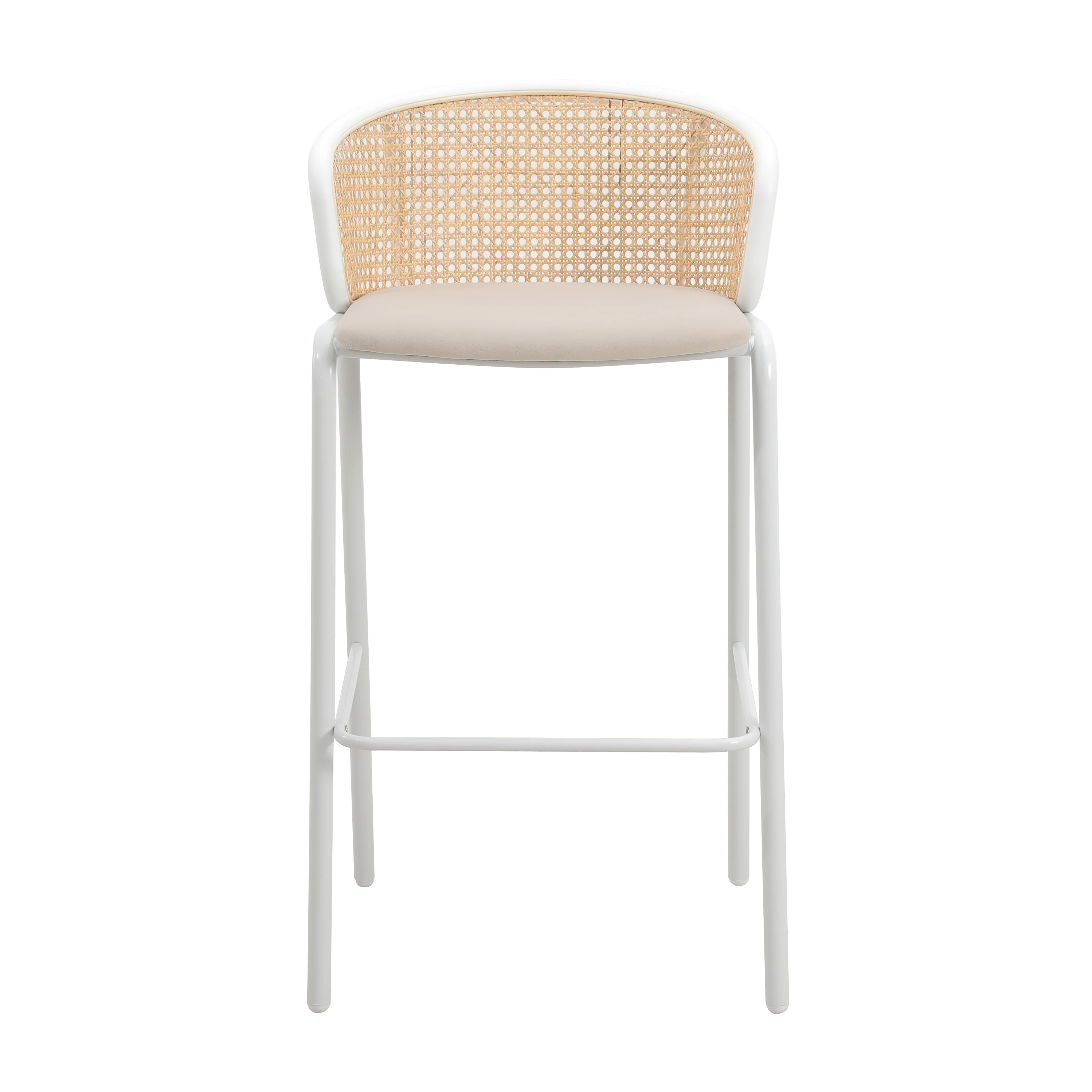 Ervilla Mid-Century Modern Wicker Bar Stool with Fabric Seat and White Powder Coated Steel Frame for Kitchen and Dining Room in Beige