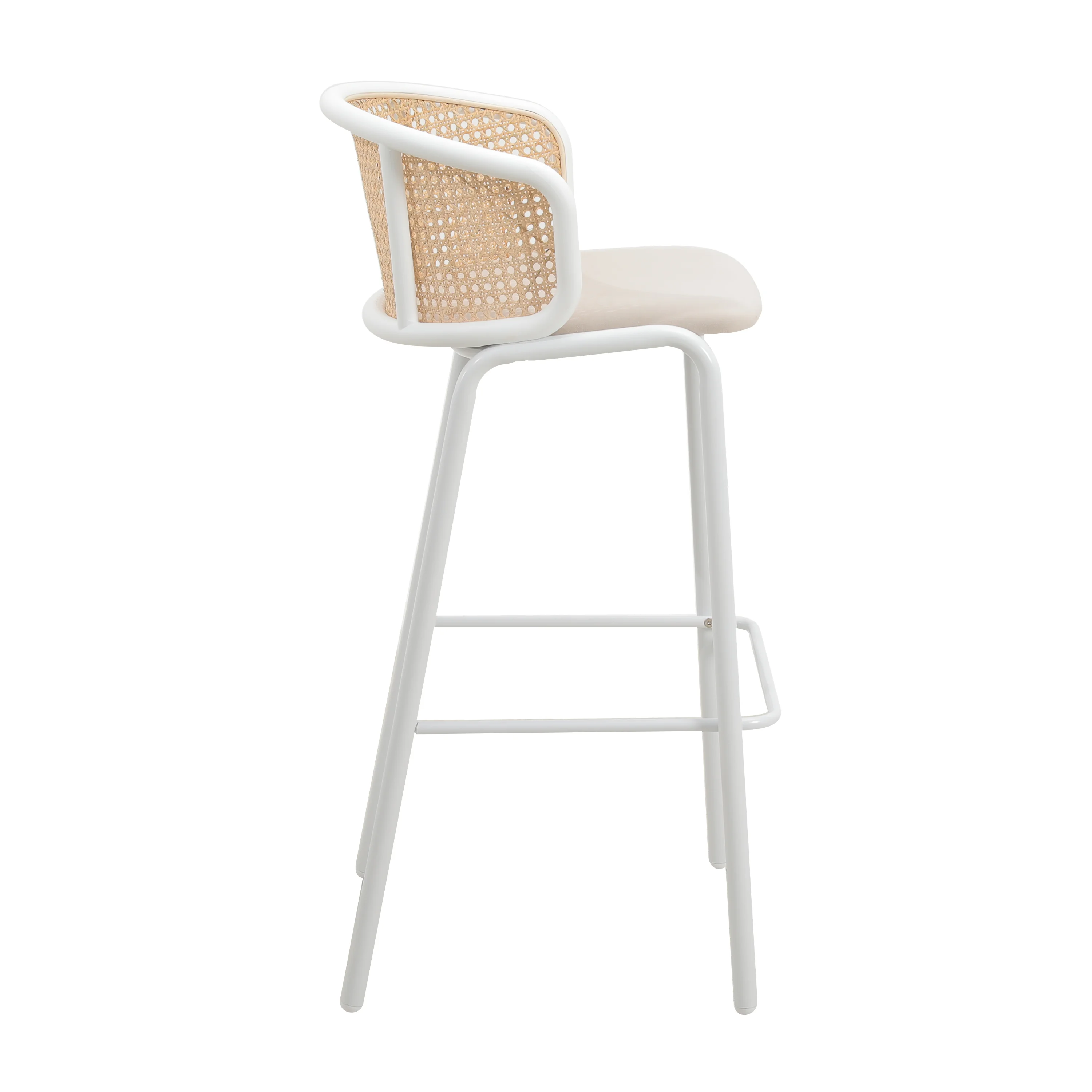 Ervilla Mid-Century Modern Wicker Bar Stool with Fabric Seat and White Powder Coated Steel Frame for Kitchen and Dining Room in Beige