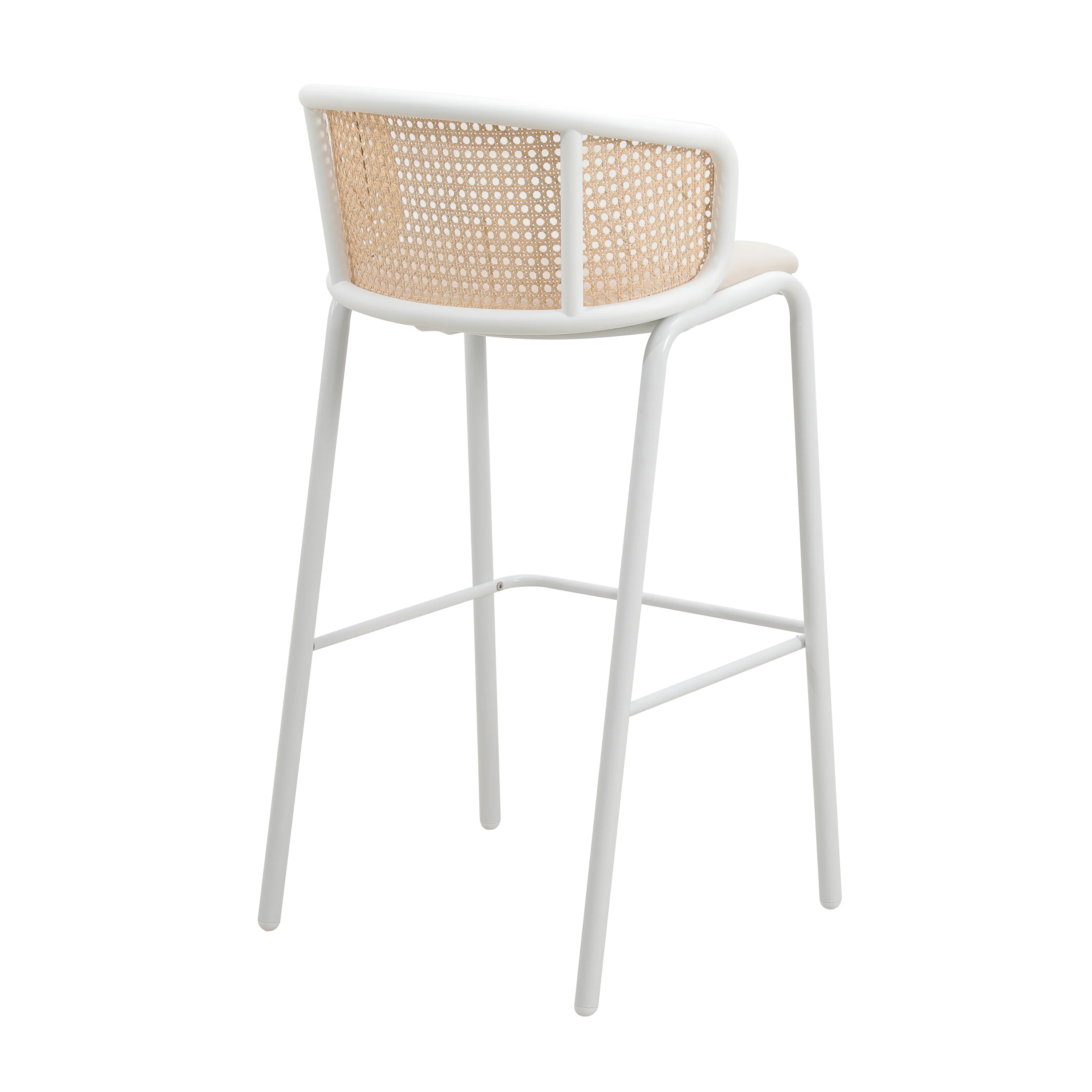 Ervilla Mid-Century Modern Wicker Bar Stool with Fabric Seat and White Powder Coated Steel Frame, Set of 2 in Beige