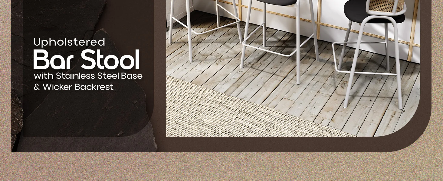 Ervilla Wicker Bar Stool with Fabric Seat and White Steel Frame - Black leather