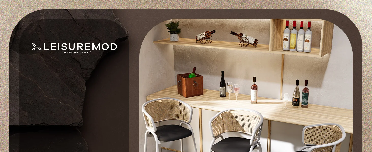 Ervilla Wicker Bar Stool with Fabric Seat and White Steel Frame - Black leather