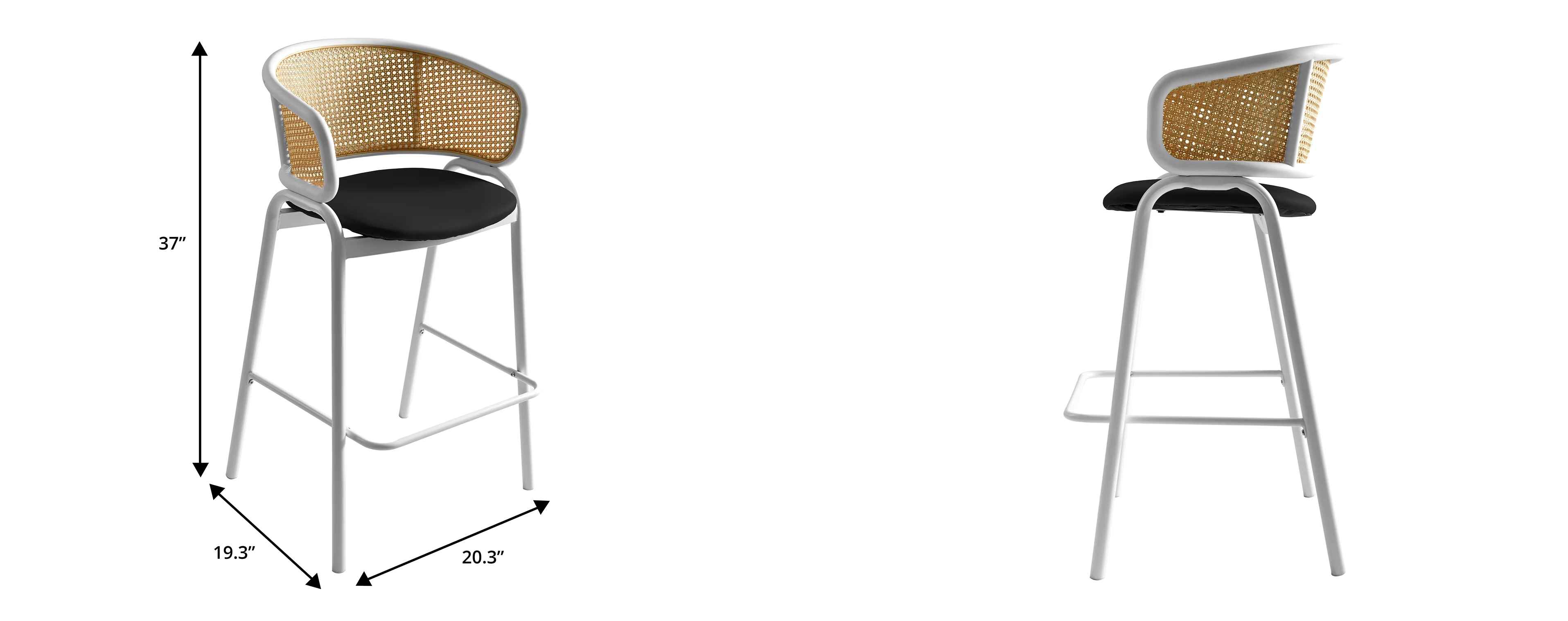 Ervilla Wicker Bar Stool with Fabric Seat and White Steel Frame - Black leather