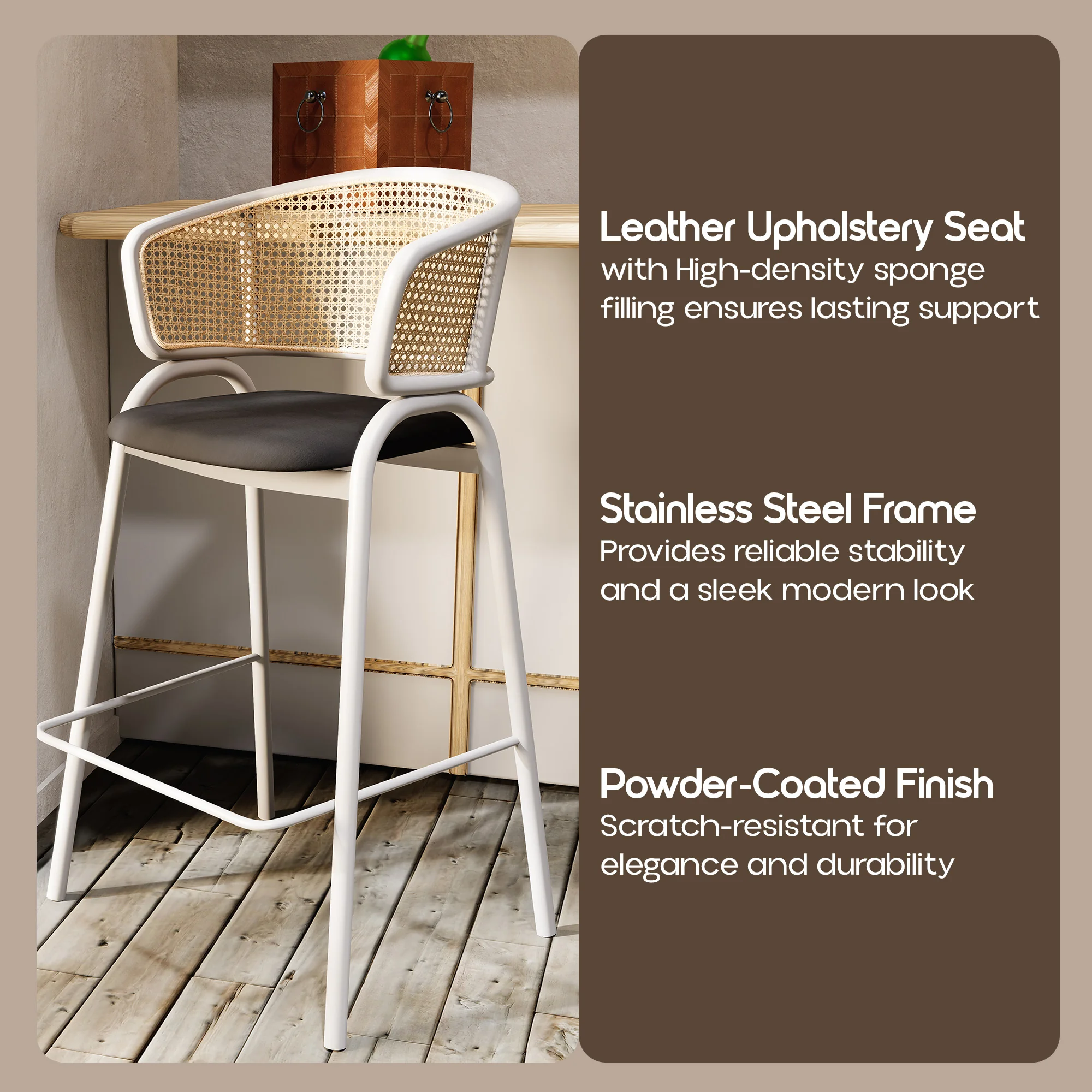Ervilla Wicker Bar Stool with Fabric Seat and White Steel Frame - Black leather