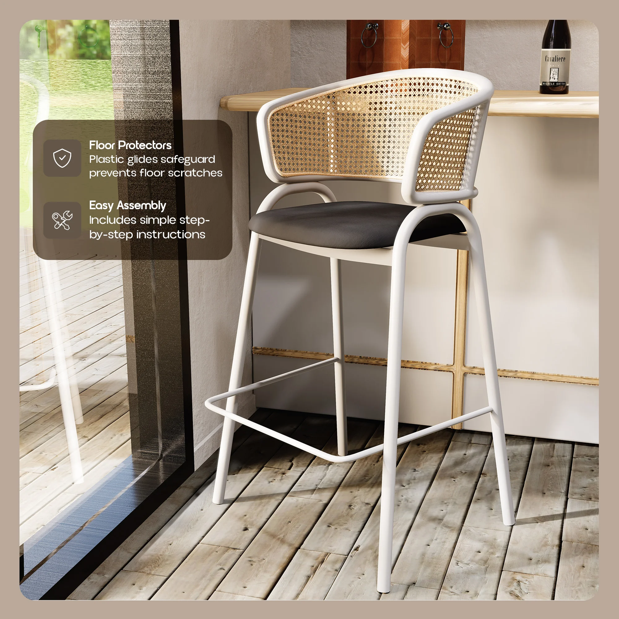 Ervilla Wicker Bar Stool with Fabric Seat and White Steel Frame - Black leather
