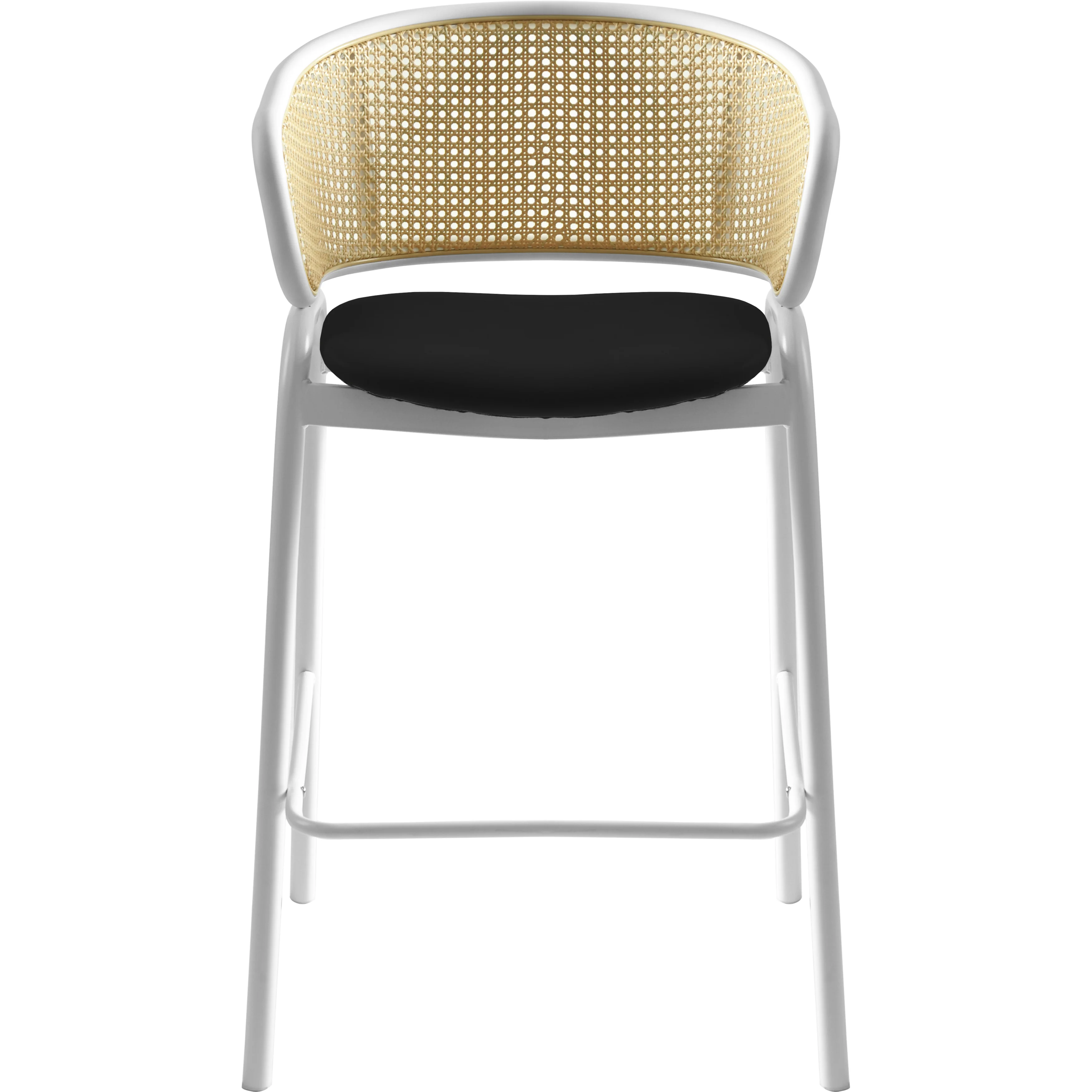 Ervilla Wicker Bar Stool with Fabric Seat and White Steel Frame - Black leather
