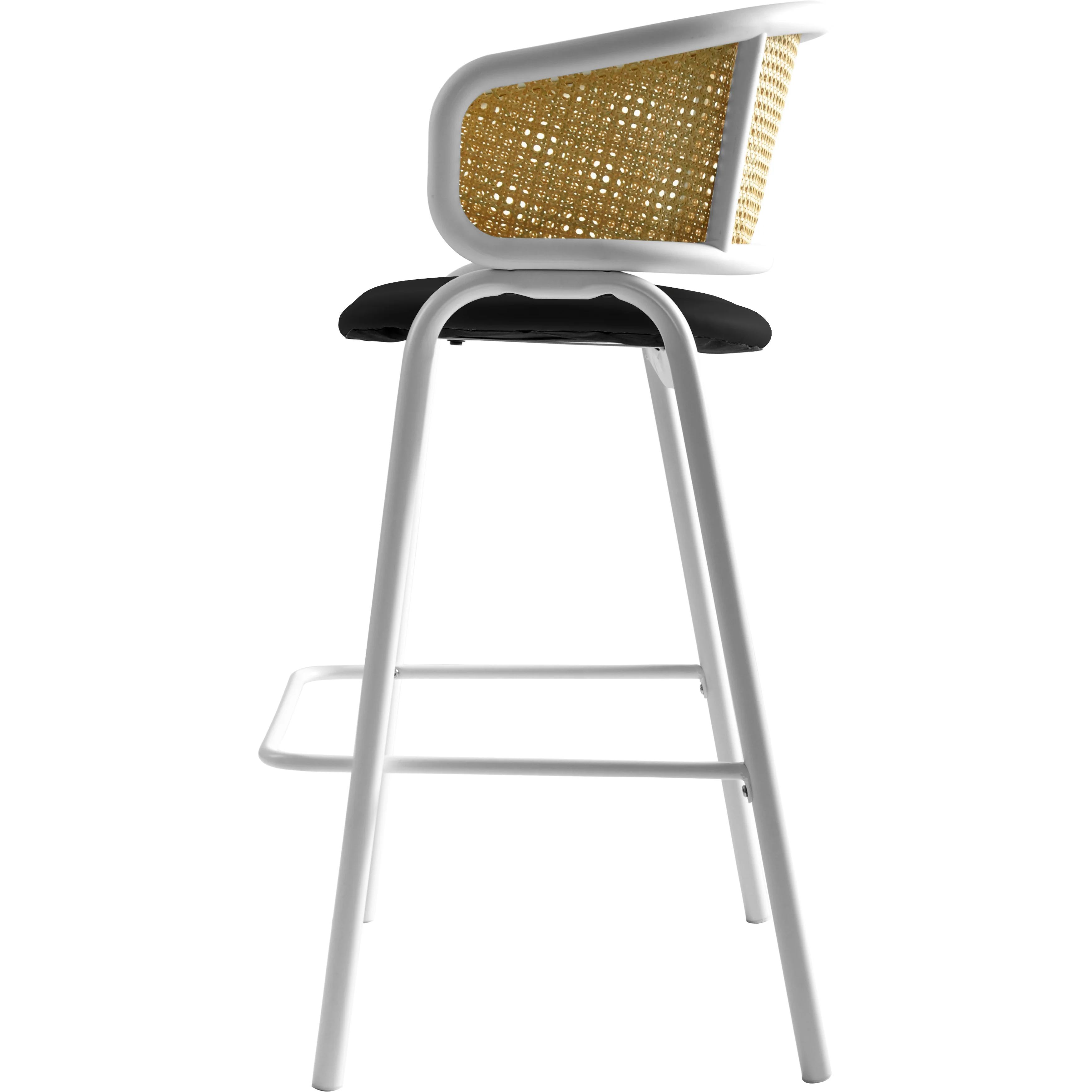Ervilla Wicker Bar Stool with Fabric Seat and White Steel Frame - Black leather