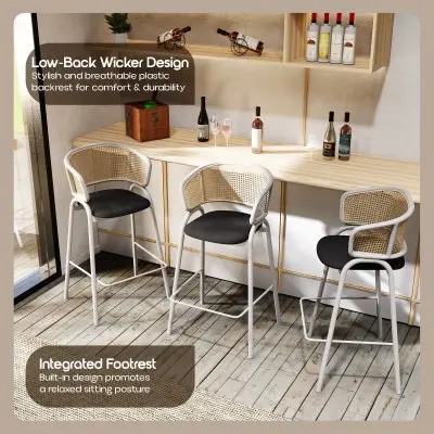 Ervilla Wicker Bar Stool with Fabric Seat and White Steel Frame - Black leather