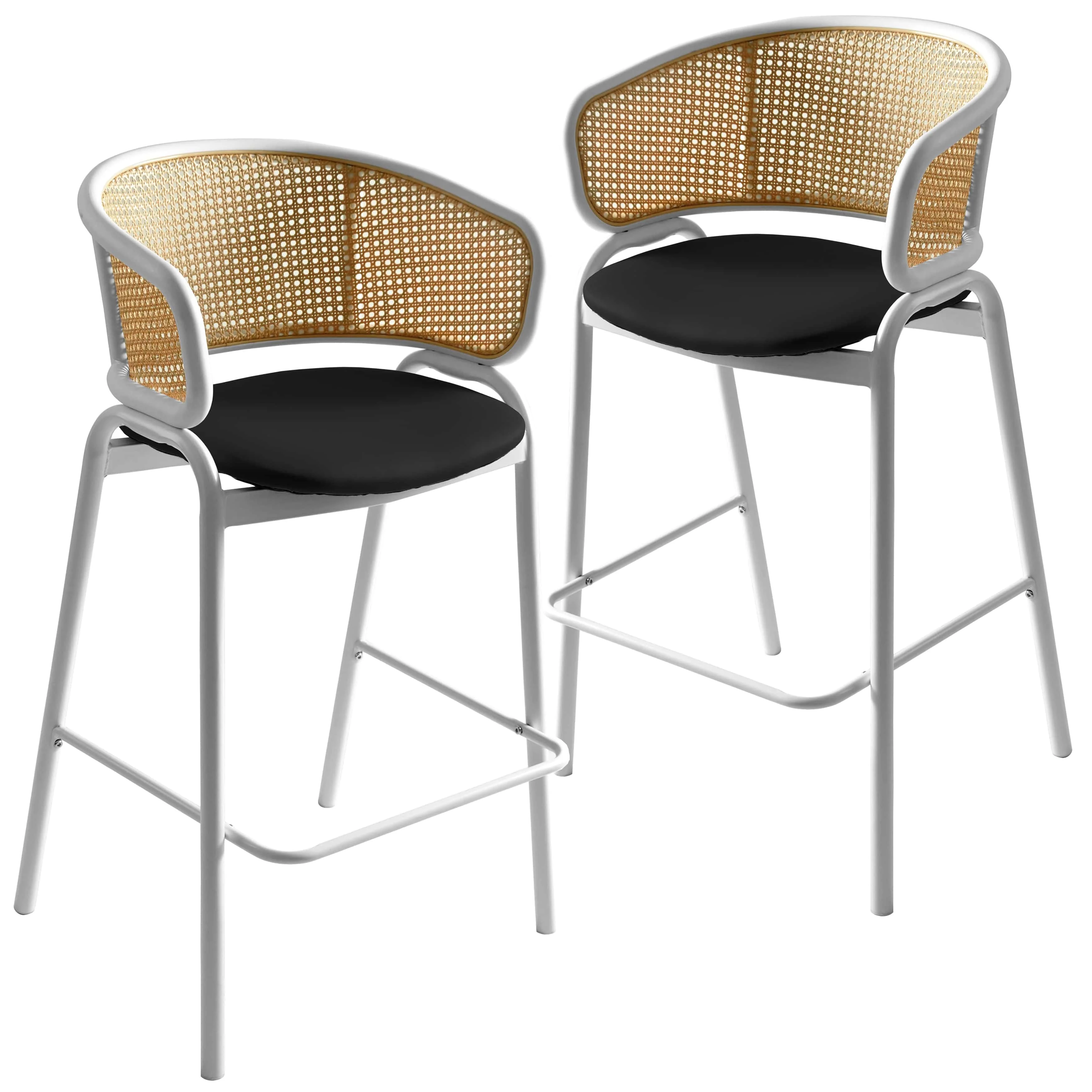 Ervilla Wicker Bar Stool with Fabric Seat and White Steel Frame - Black leather - Set of 2