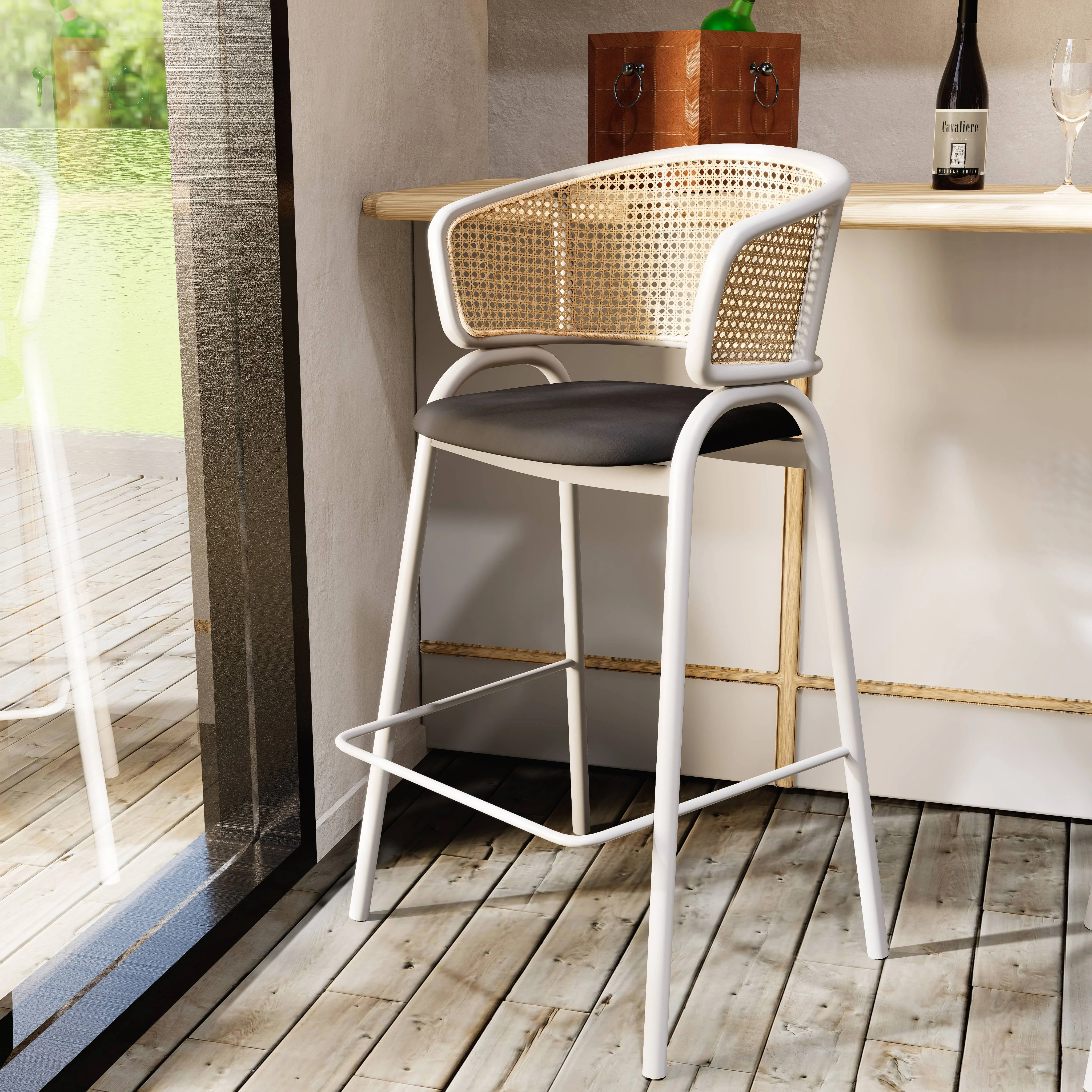 Ervilla Wicker Bar Stool with Fabric Seat and White Steel Frame - Black leather - Set of 2