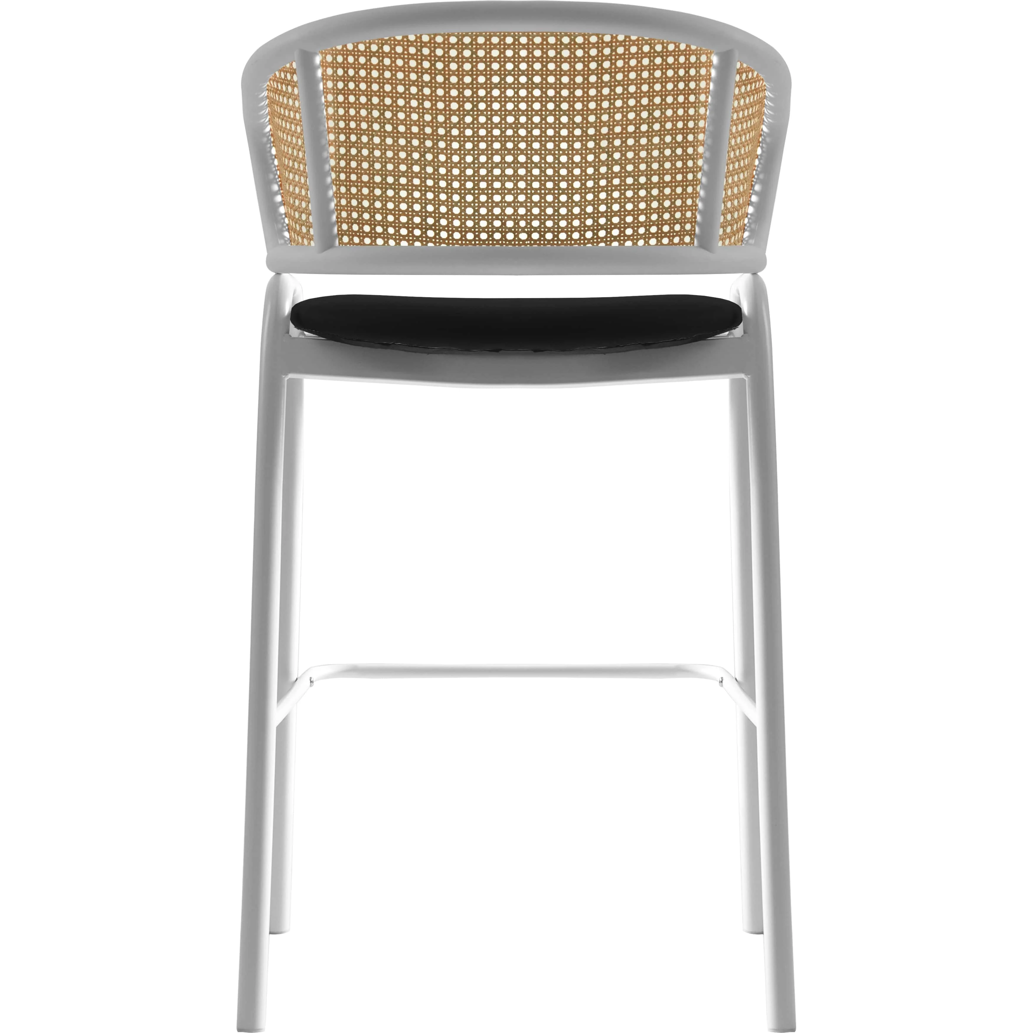 Ervilla Wicker Bar Stool with Fabric Seat and White Steel Frame - Black leather - Set of 2