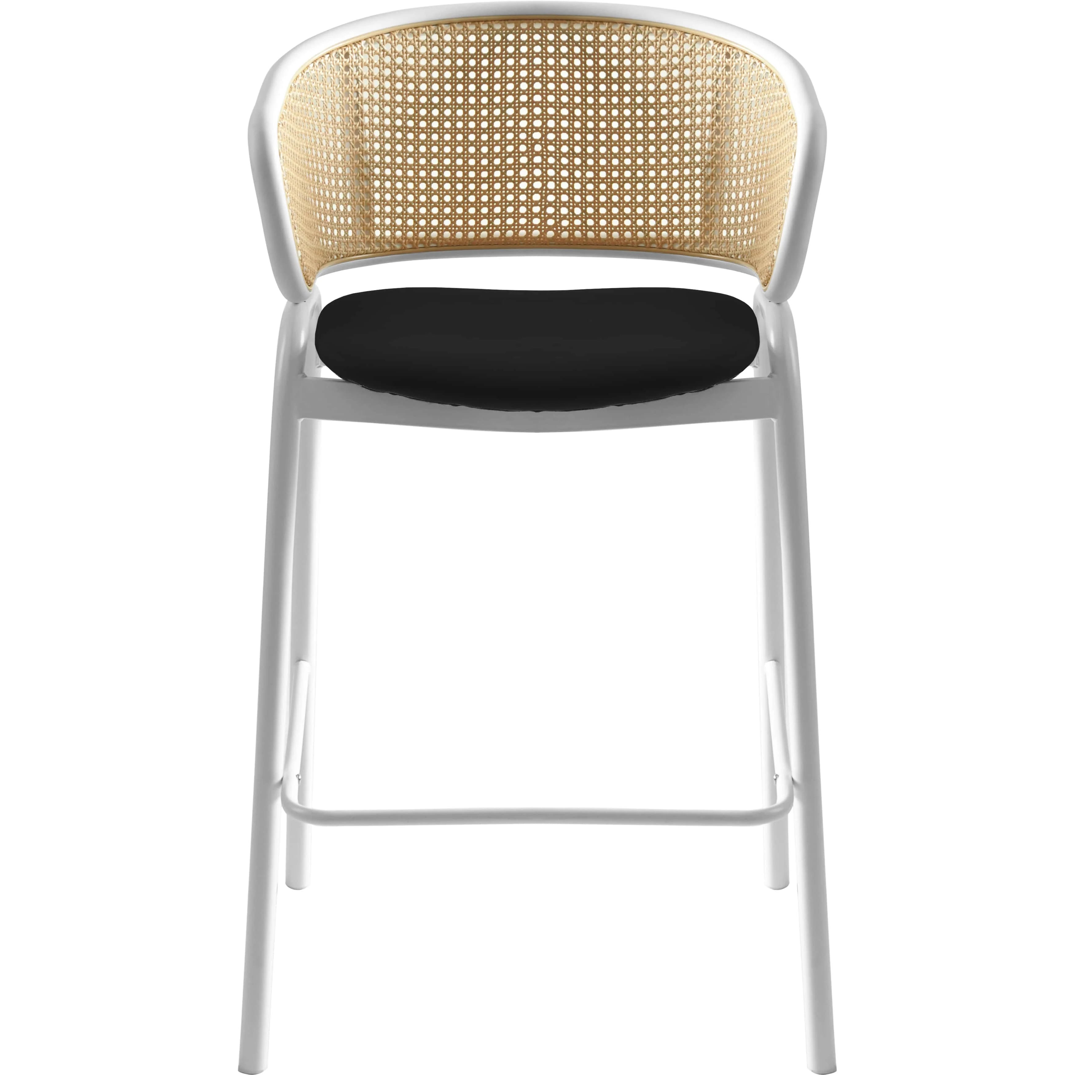 Ervilla Wicker Bar Stool with Fabric Seat and White Steel Frame - Black leather - Set of 2