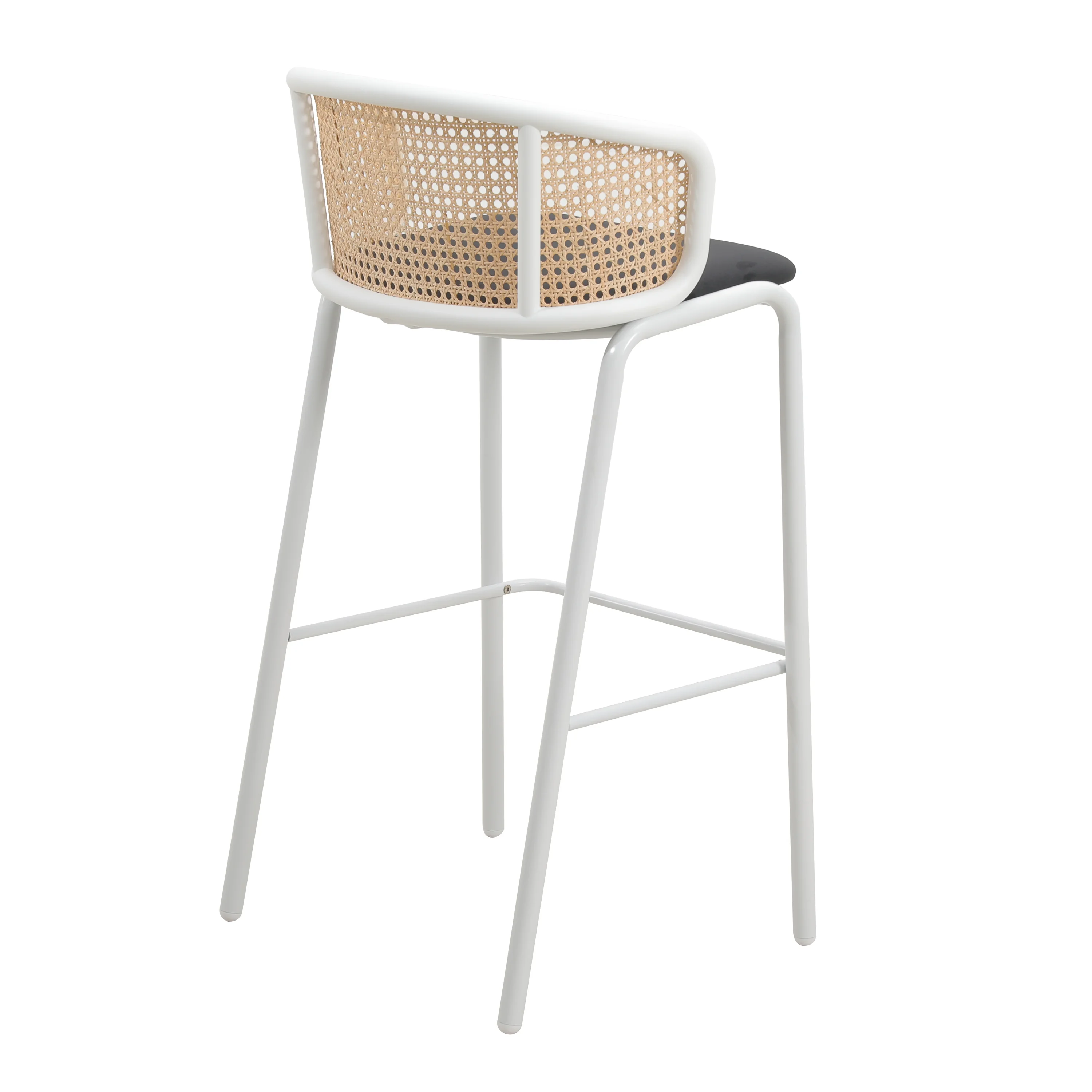 Ervilla Mid-Century Modern Wicker Bar Stool with Fabric Seat and White Powder Coated Steel Frame for Kitchen and Dining Room in Black