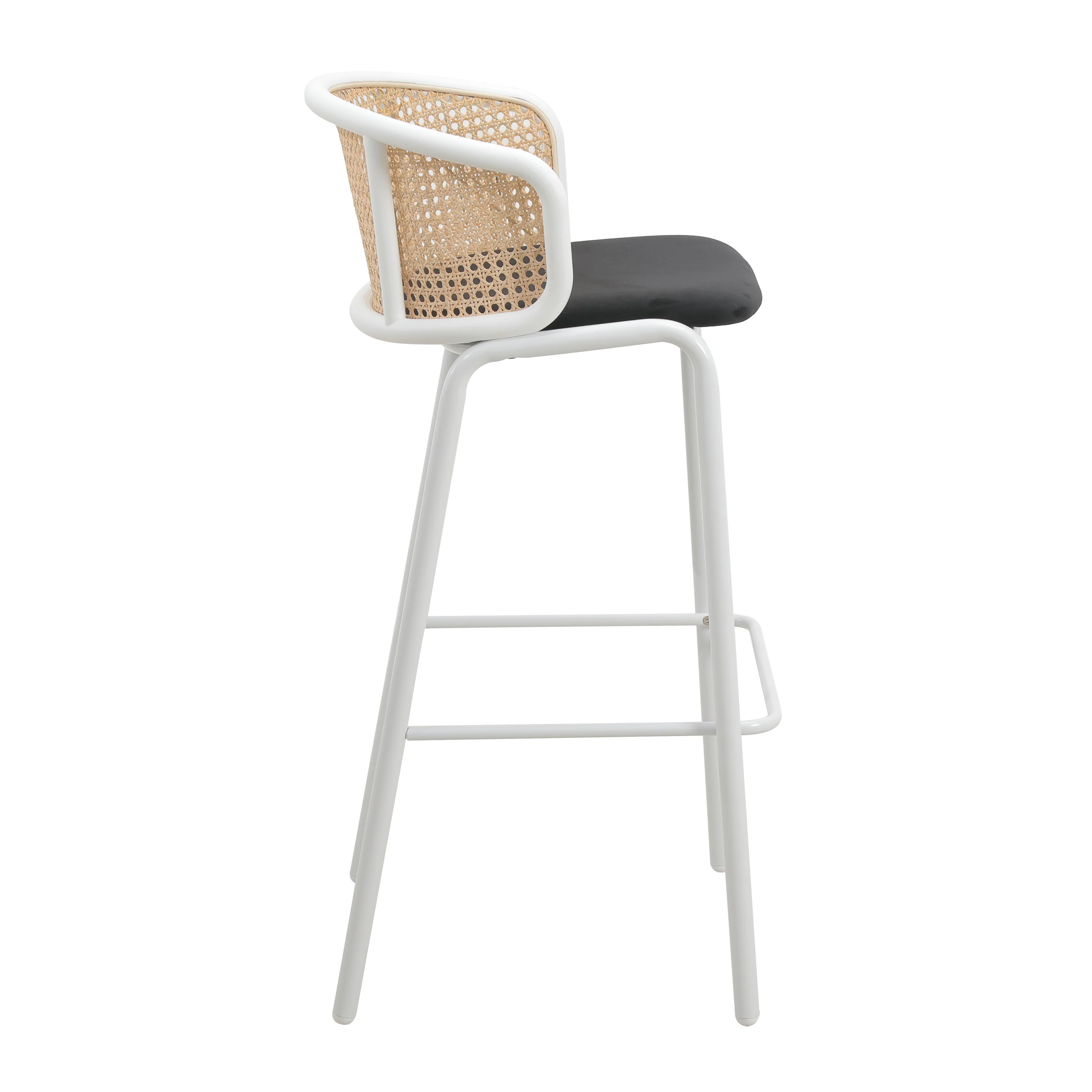 Ervilla Mid-Century Modern Wicker Bar Stool with Fabric Seat and White Powder Coated Steel Frame for Kitchen and Dining Room in Black