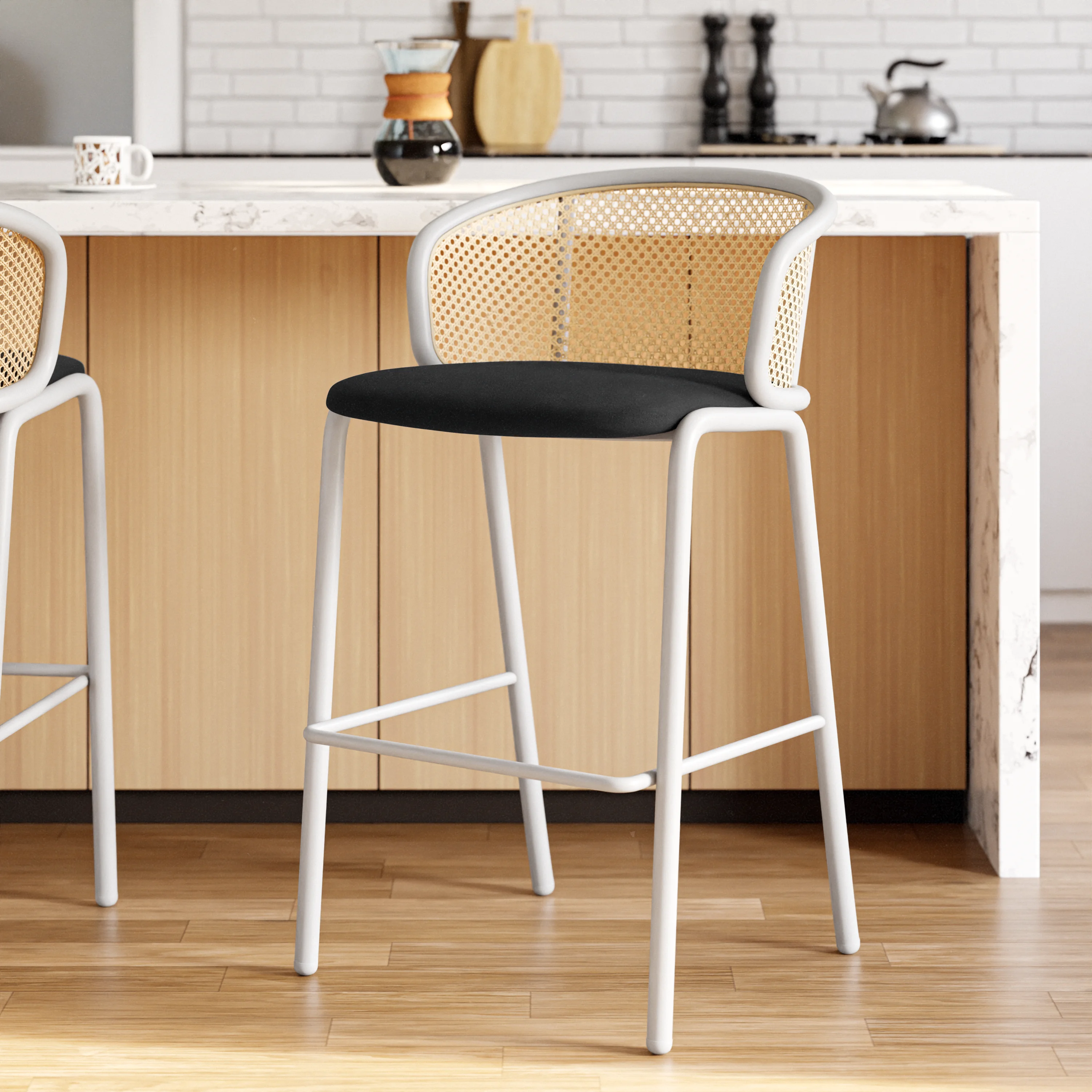 Ervilla Mid-Century Modern Wicker Bar Stool with Fabric Seat and White Powder Coated Steel Frame, Set of 2 in Black