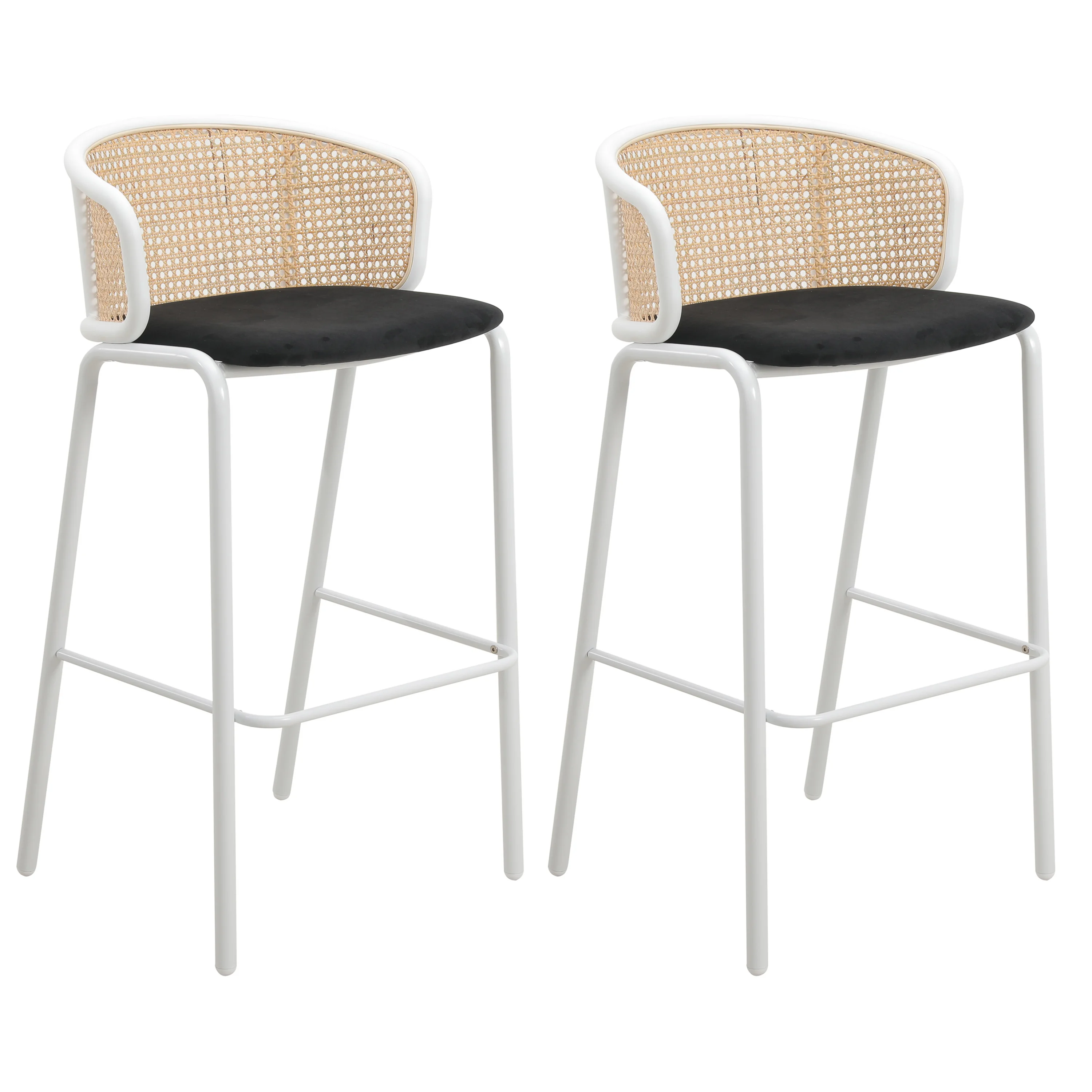 Ervilla Mid-Century Modern Wicker Bar Stool with Fabric Seat and White Powder Coated Steel Frame, Set of 2 in Black