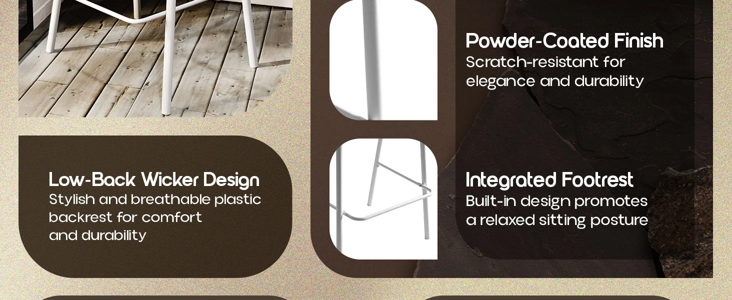 Ervilla Wicker Bar Stool with Fabric Seat and White Steel Frame - Grey leather