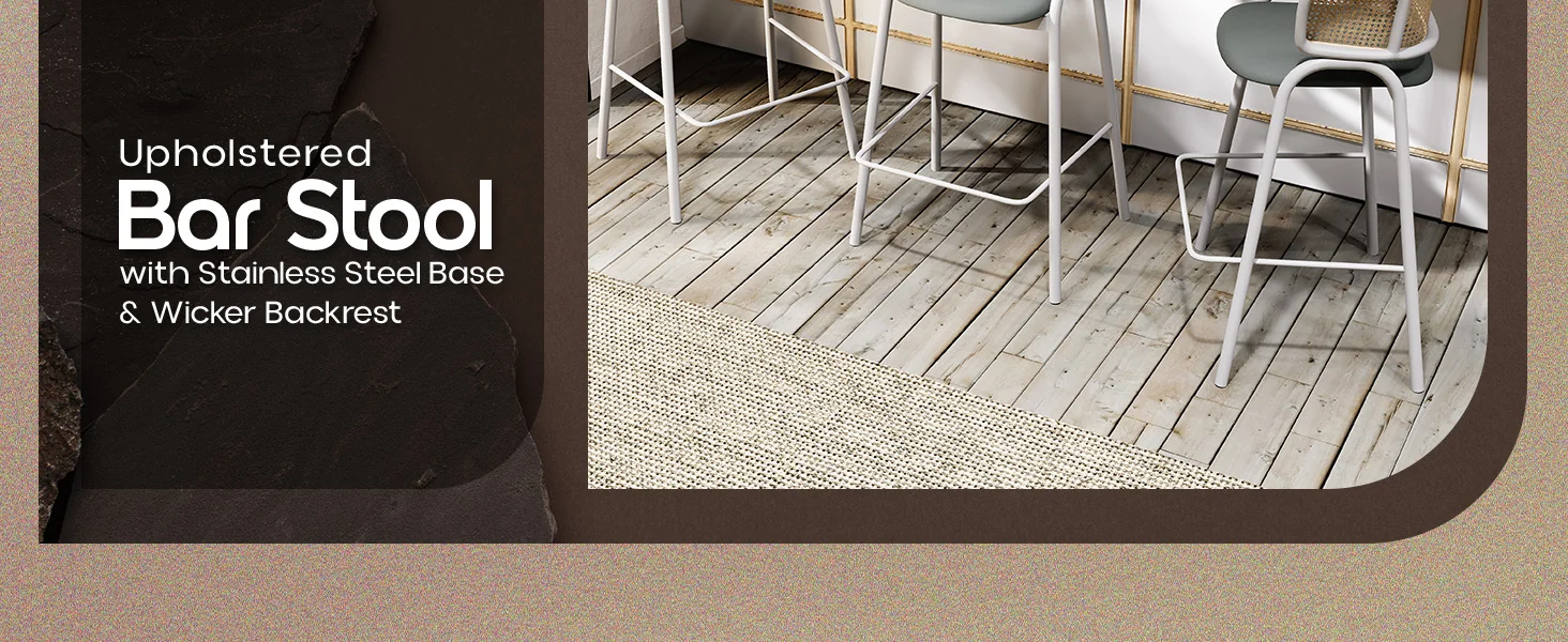 Ervilla Wicker Bar Stool with Fabric Seat and White Steel Frame - Grey leather