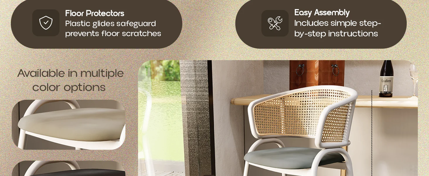 Ervilla Wicker Bar Stool with Fabric Seat and White Steel Frame - Grey leather