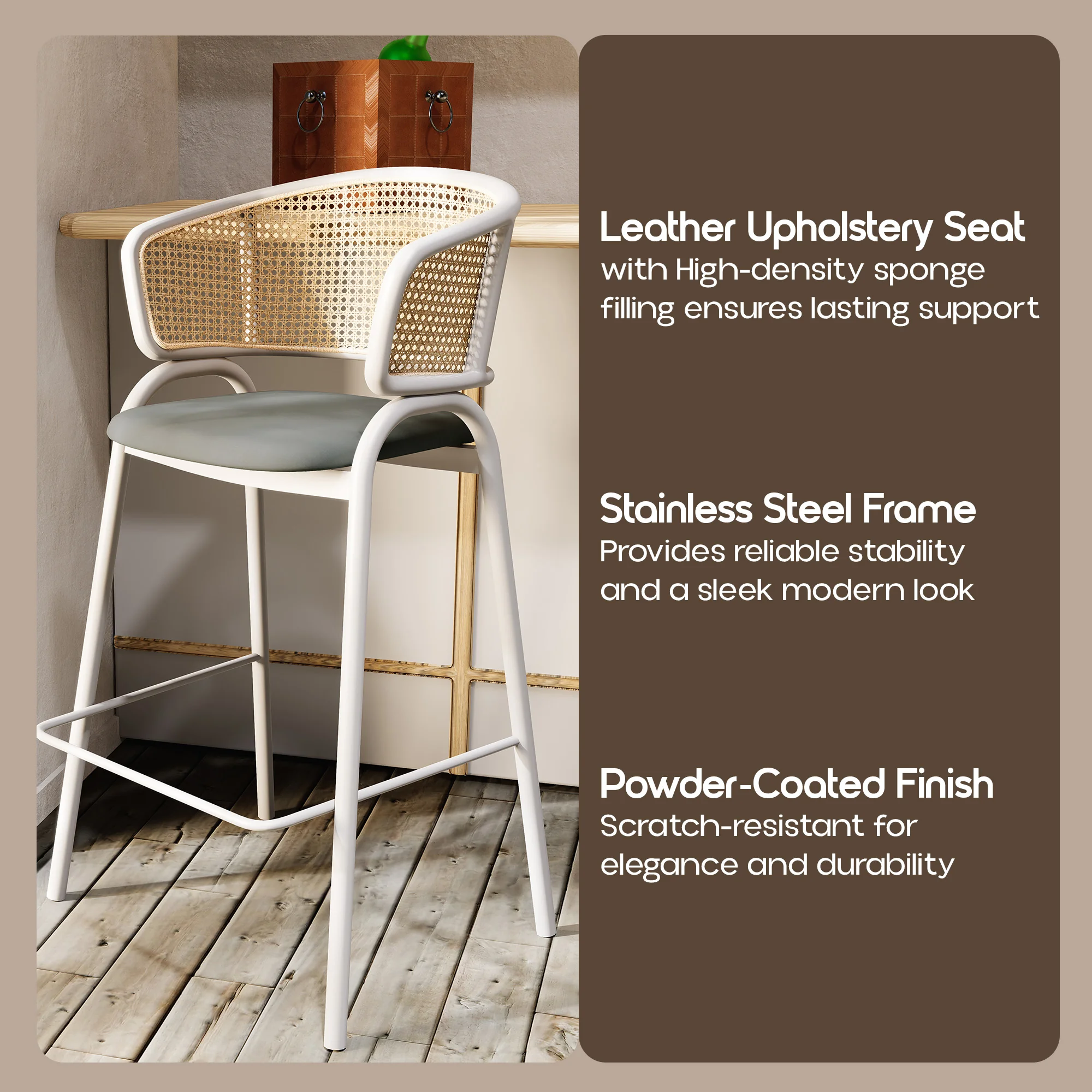 Ervilla Wicker Bar Stool with Fabric Seat and White Steel Frame - Grey leather
