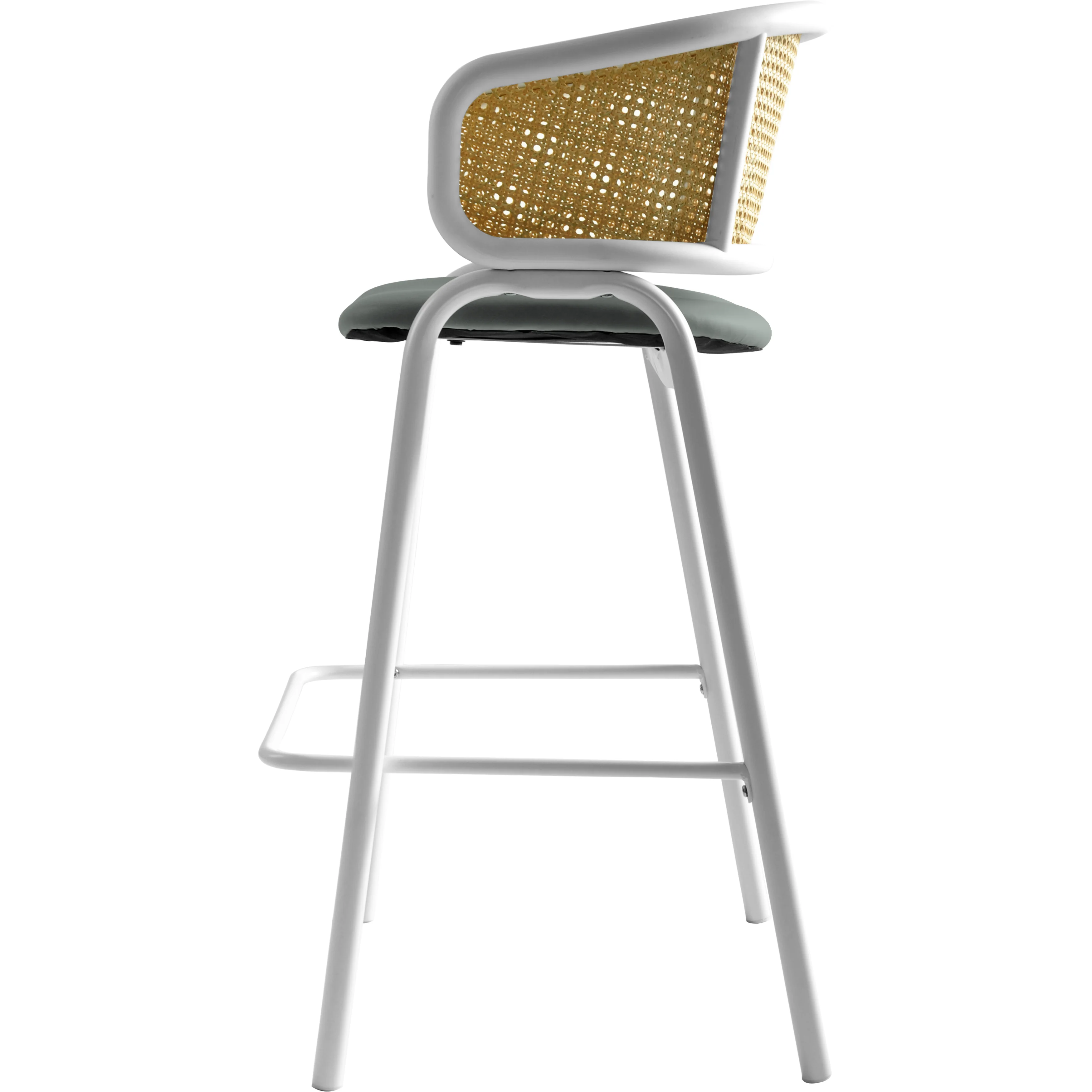 Ervilla Wicker Bar Stool with Fabric Seat and White Steel Frame - Grey leather