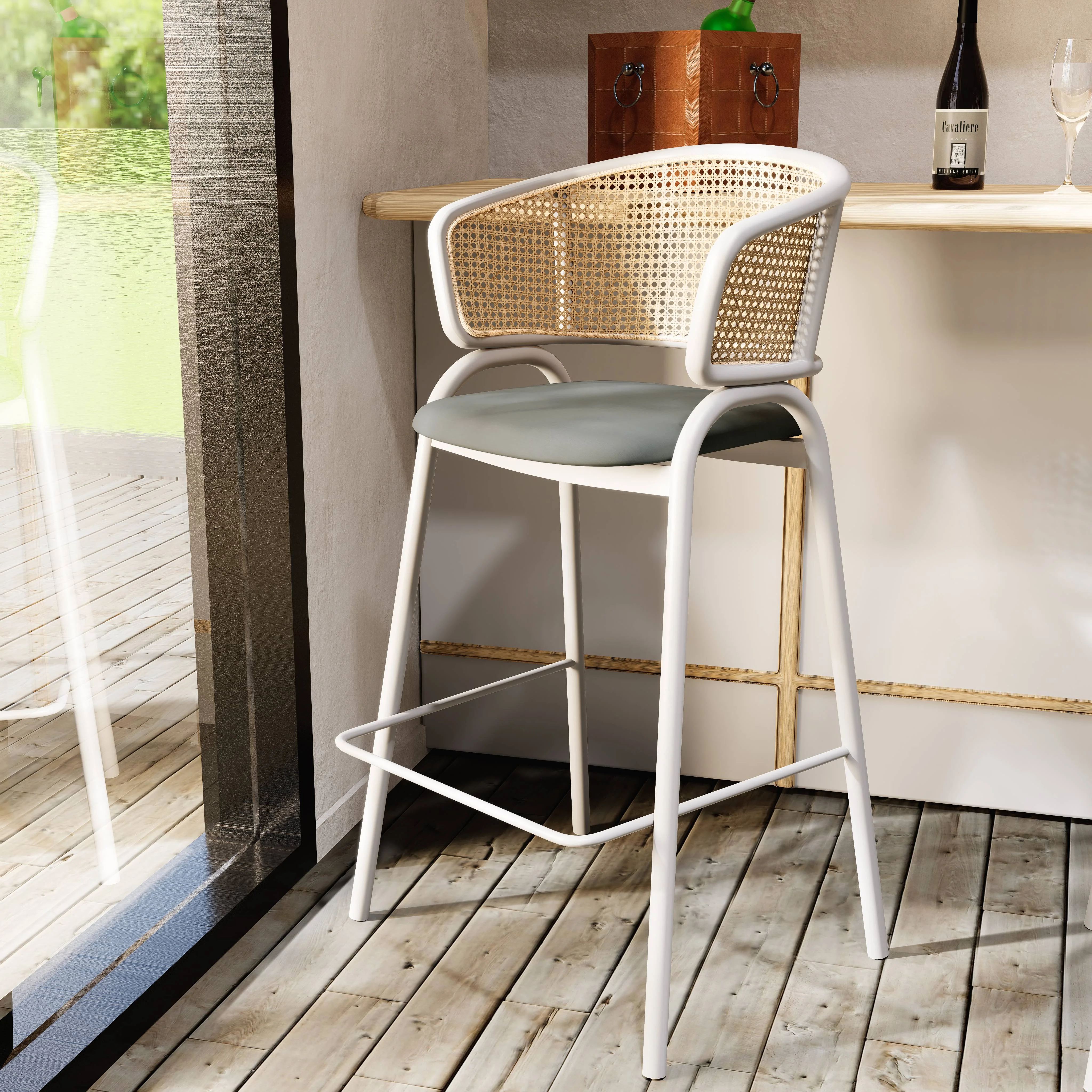 Ervilla Wicker Bar Stool with Fabric Seat and White Steel Frame - Grey leather - Set of 2