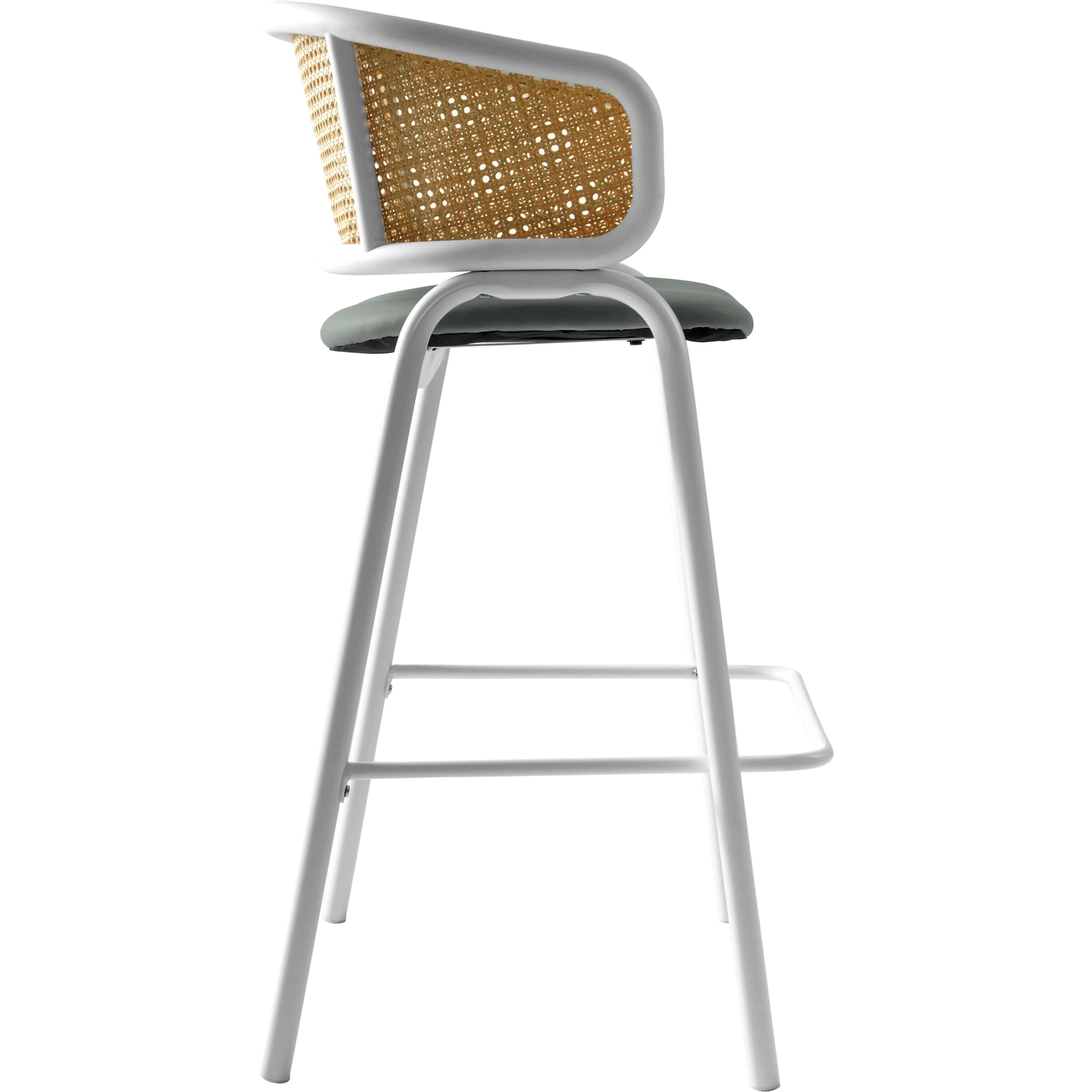 Ervilla Wicker Bar Stool with Fabric Seat and White Steel Frame - Grey leather - Set of 2