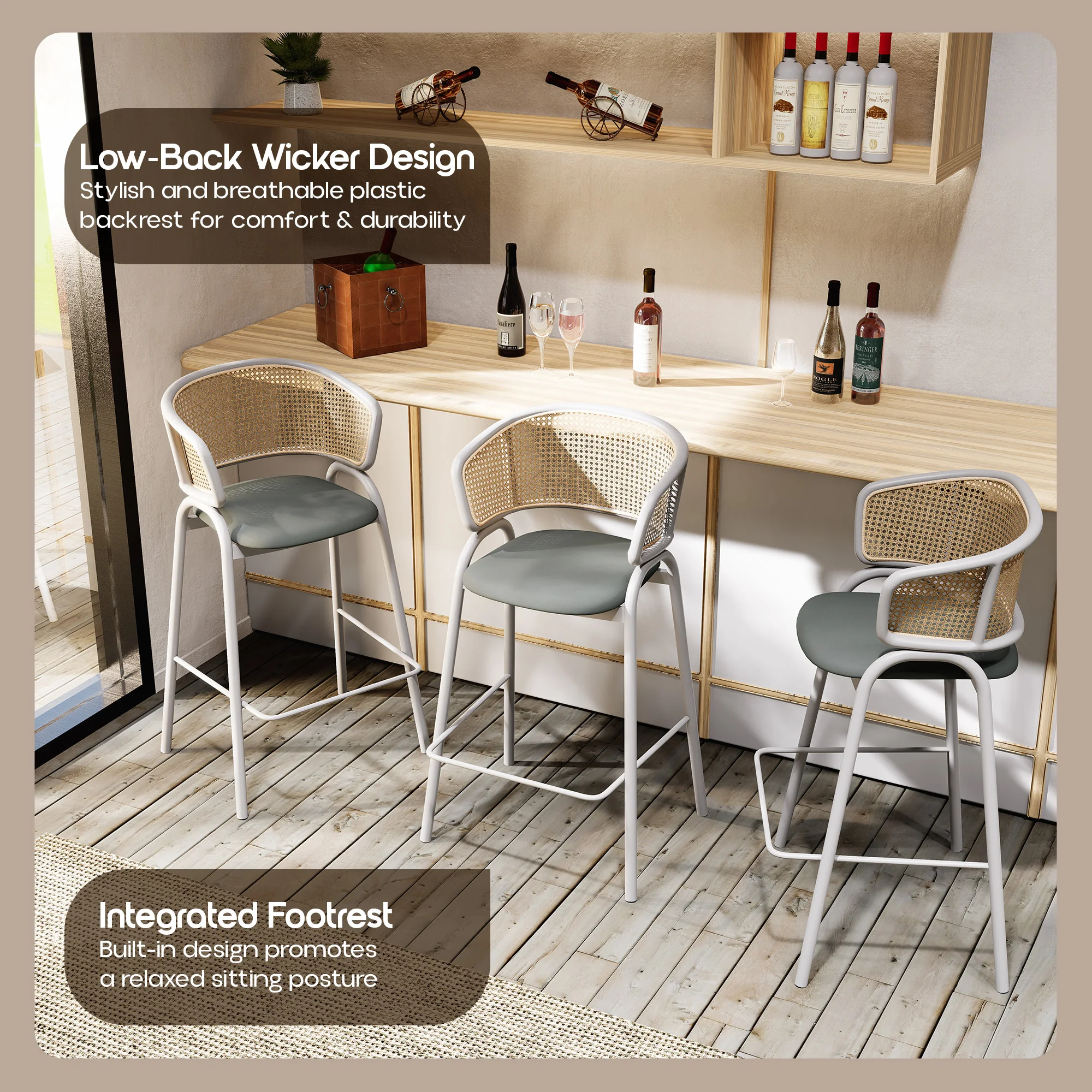 Ervilla Wicker Bar Stool with Fabric Seat and White Steel Frame - Grey leather - Set of 2