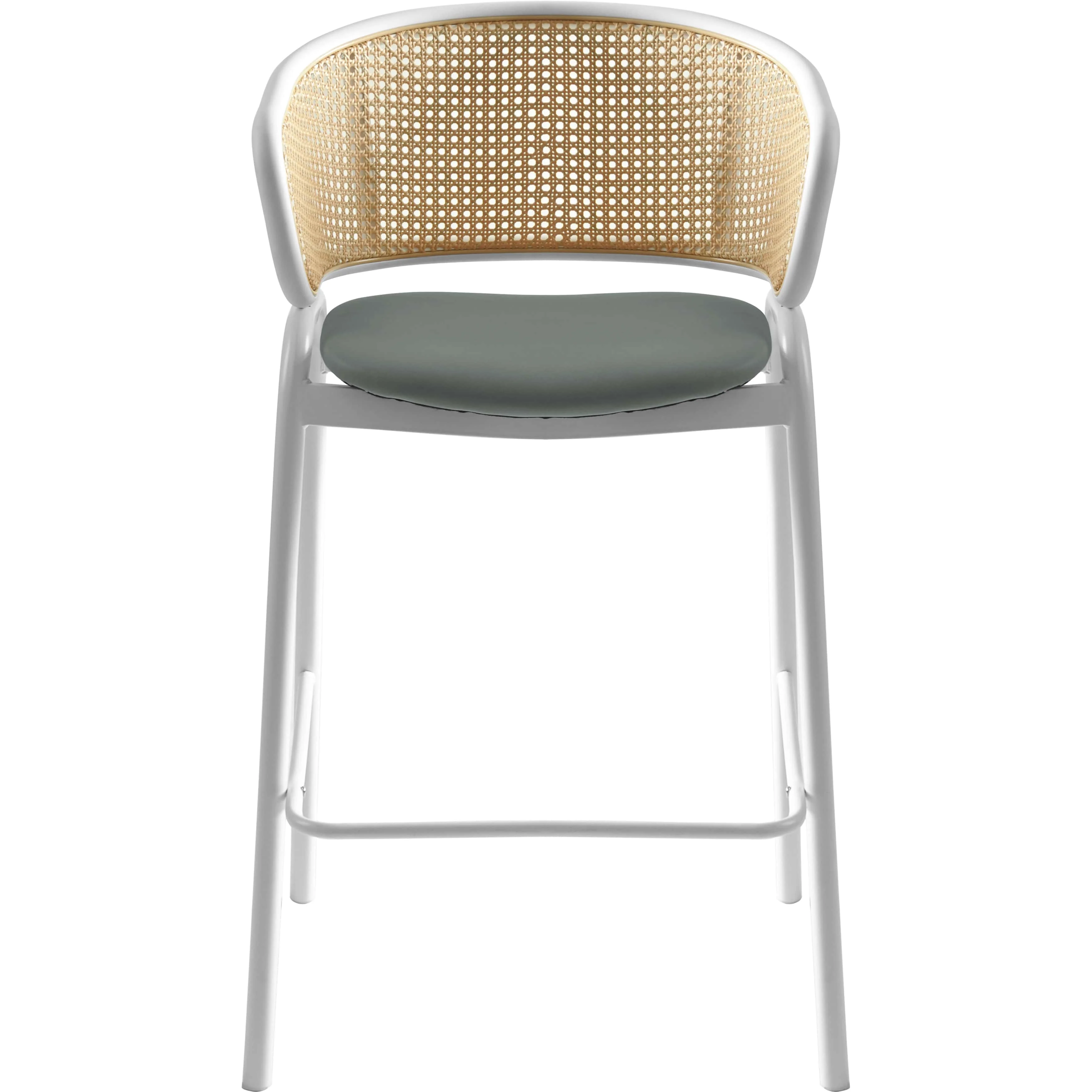 Ervilla Wicker Bar Stool with Fabric Seat and White Steel Frame - Grey leather - Set of 2