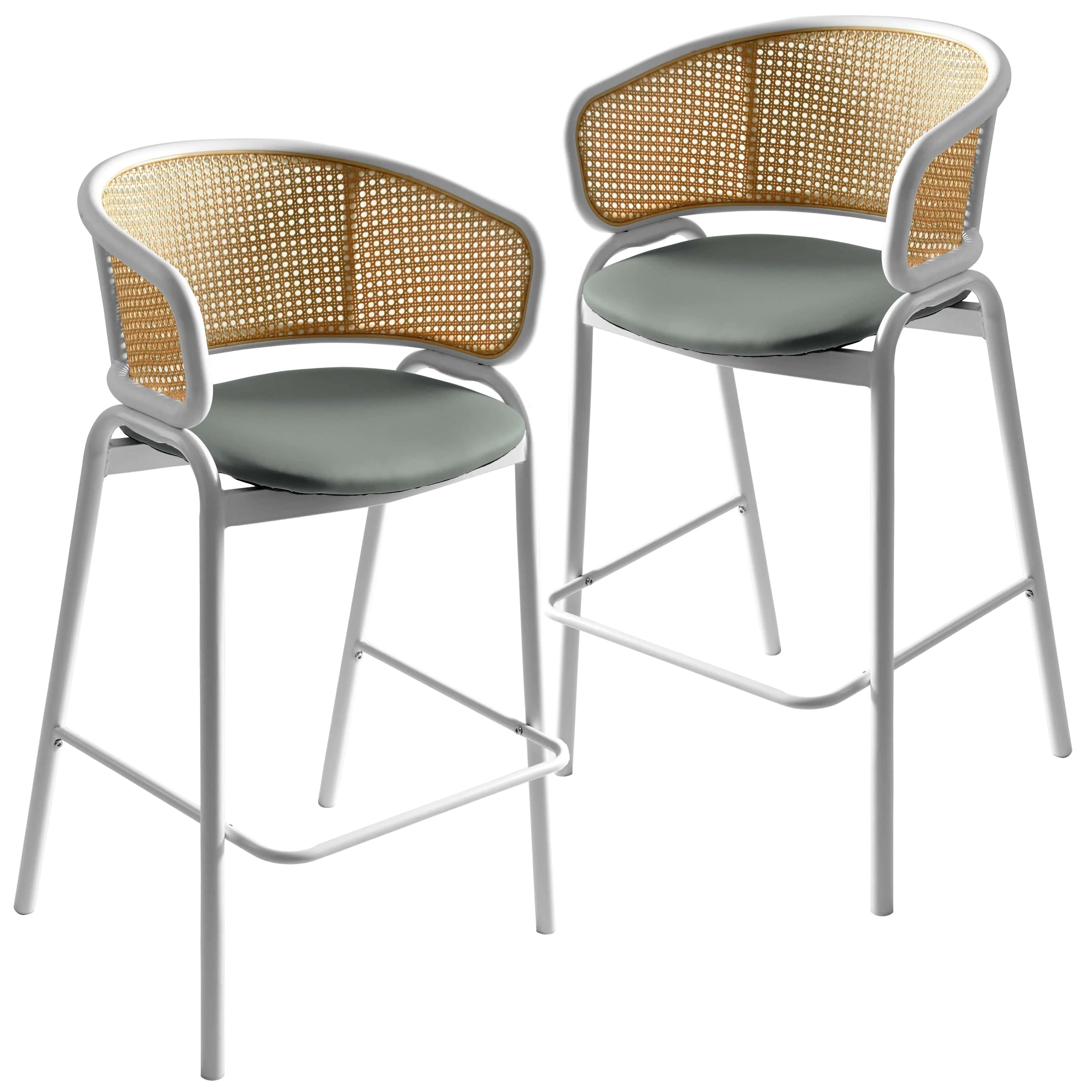 Ervilla Wicker Bar Stool with Fabric Seat and White Steel Frame - Grey leather - Set of 2