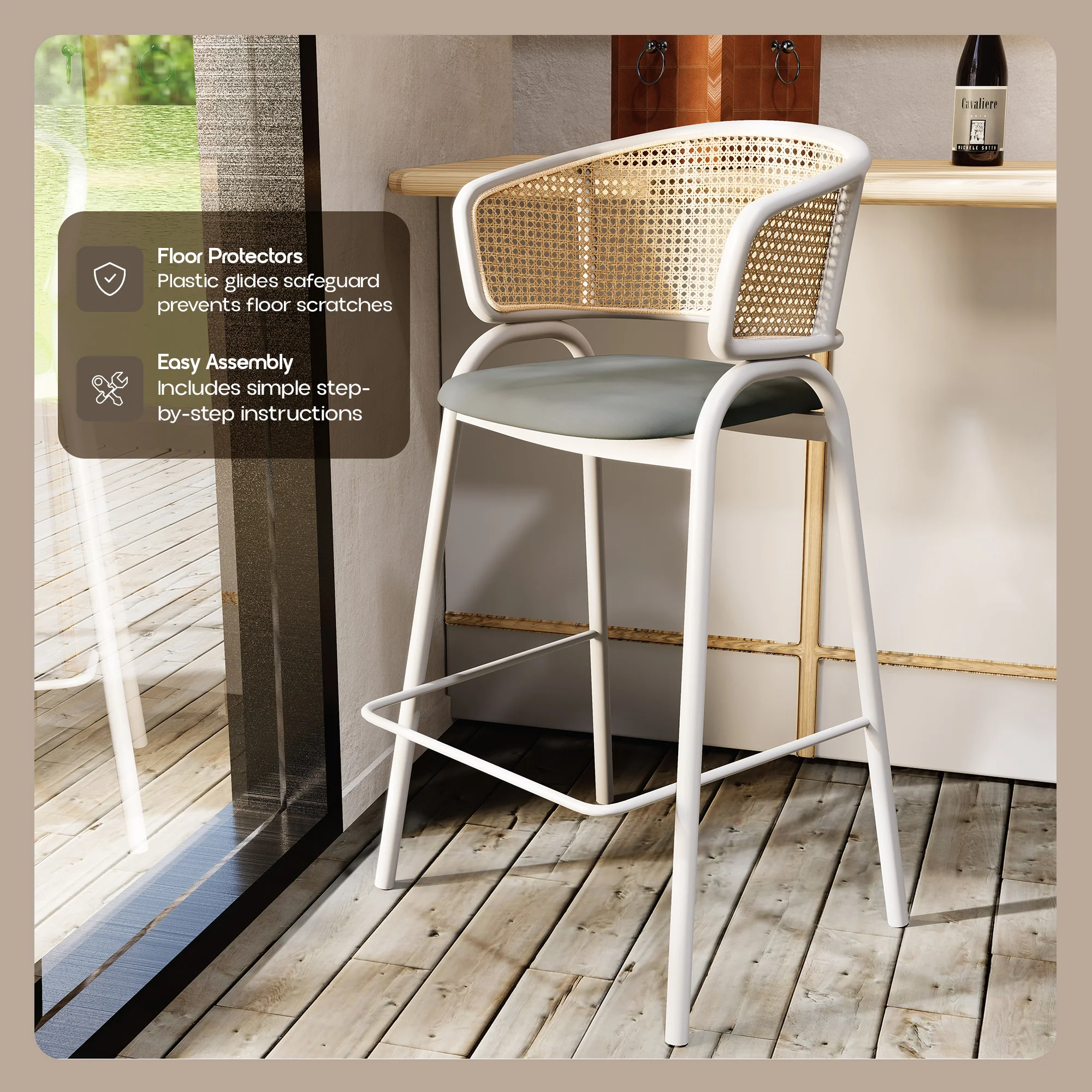 Ervilla Wicker Bar Stool with Fabric Seat and White Steel Frame - Grey leather - Set of 2