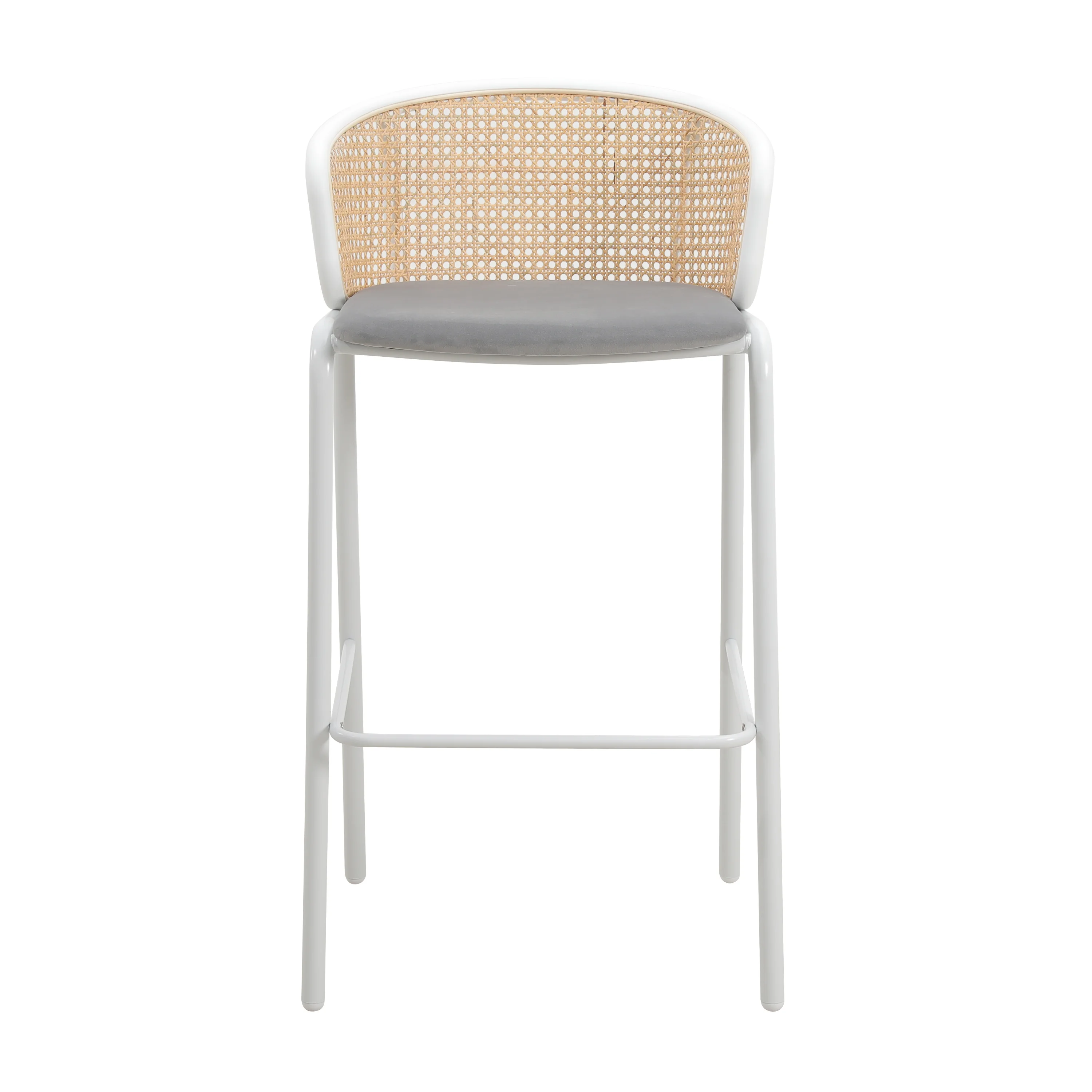 Ervilla Mid-Century Modern Wicker Bar Stool with Fabric Seat and White Powder Coated Steel Frame, Set of 2 in Grey