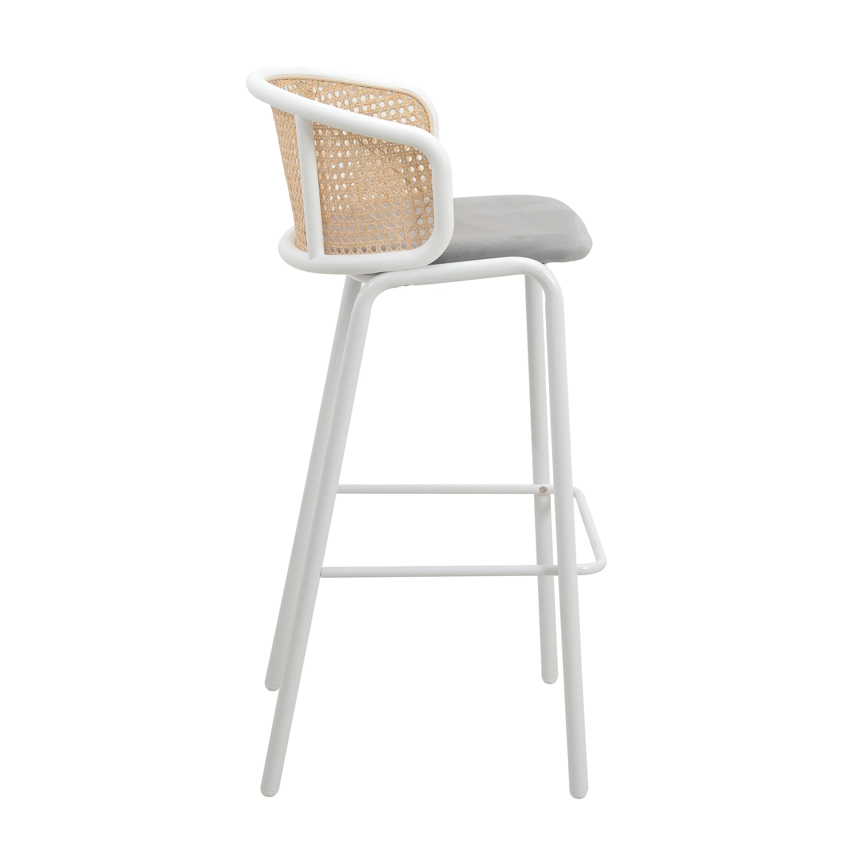 Ervilla Mid-Century Modern Wicker Bar Stool with Fabric Seat and White Powder Coated Steel Frame, Set of 2 in Grey