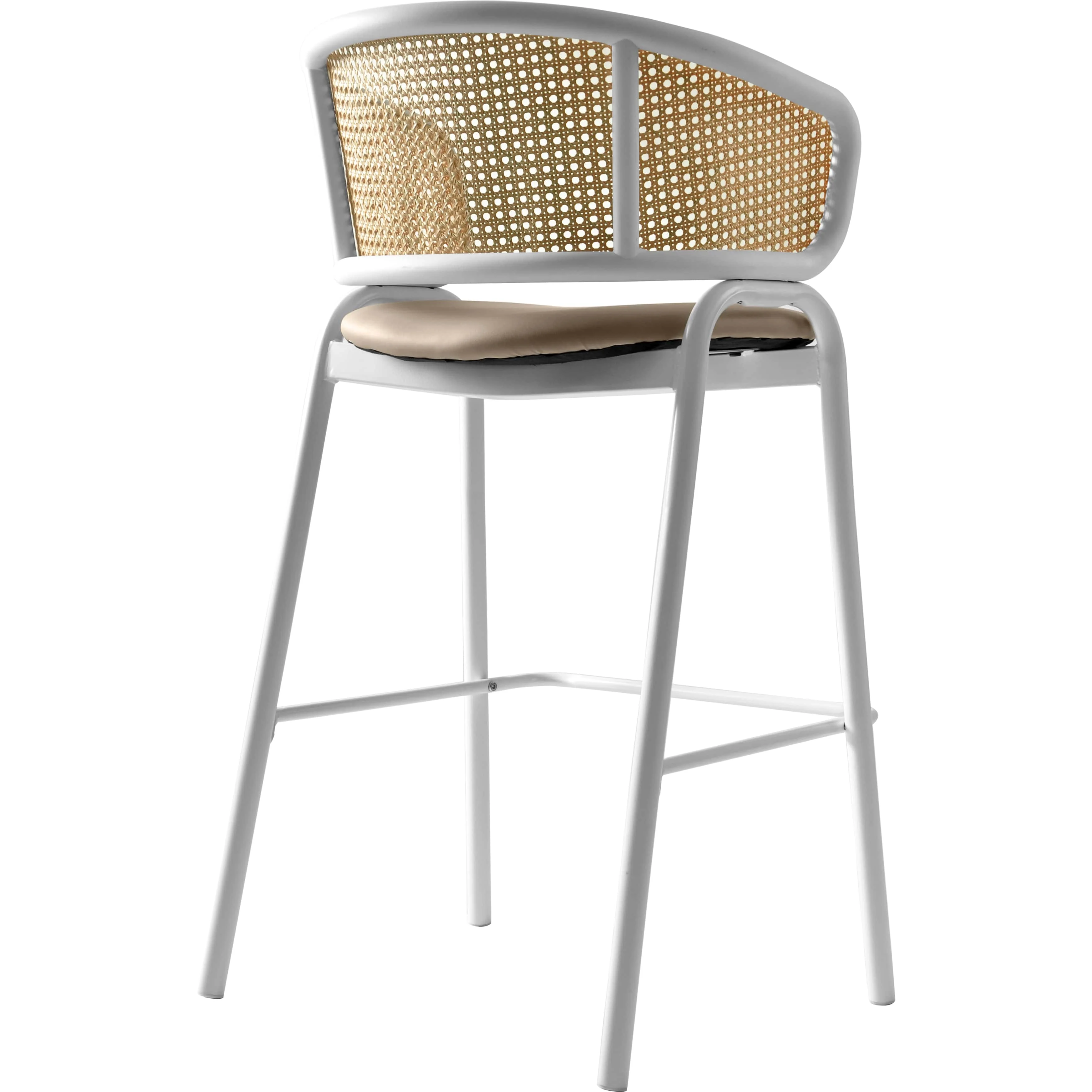 Ervilla Wicker Bar Stool with Fabric Seat and White Steel Frame - Taupe