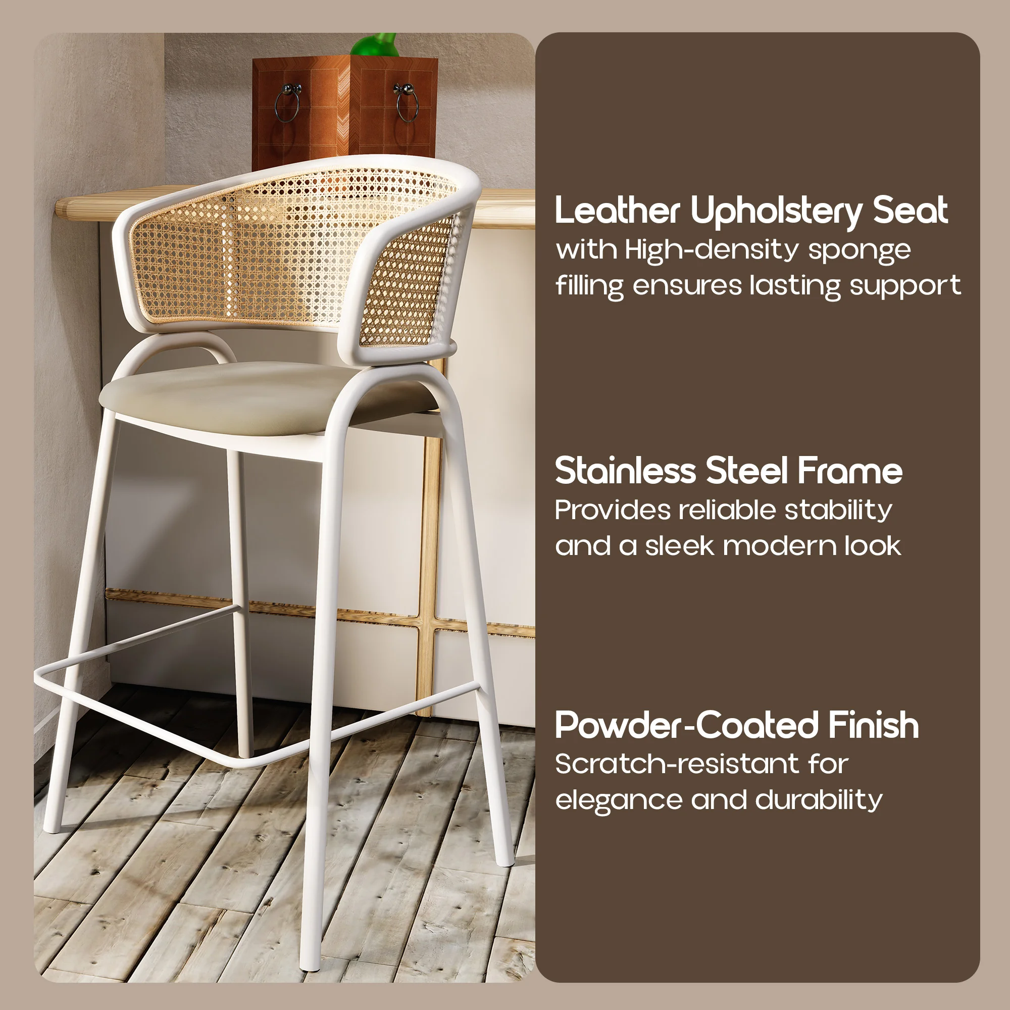 Ervilla Wicker Bar Stool with Fabric Seat and White Steel Frame - Taupe
