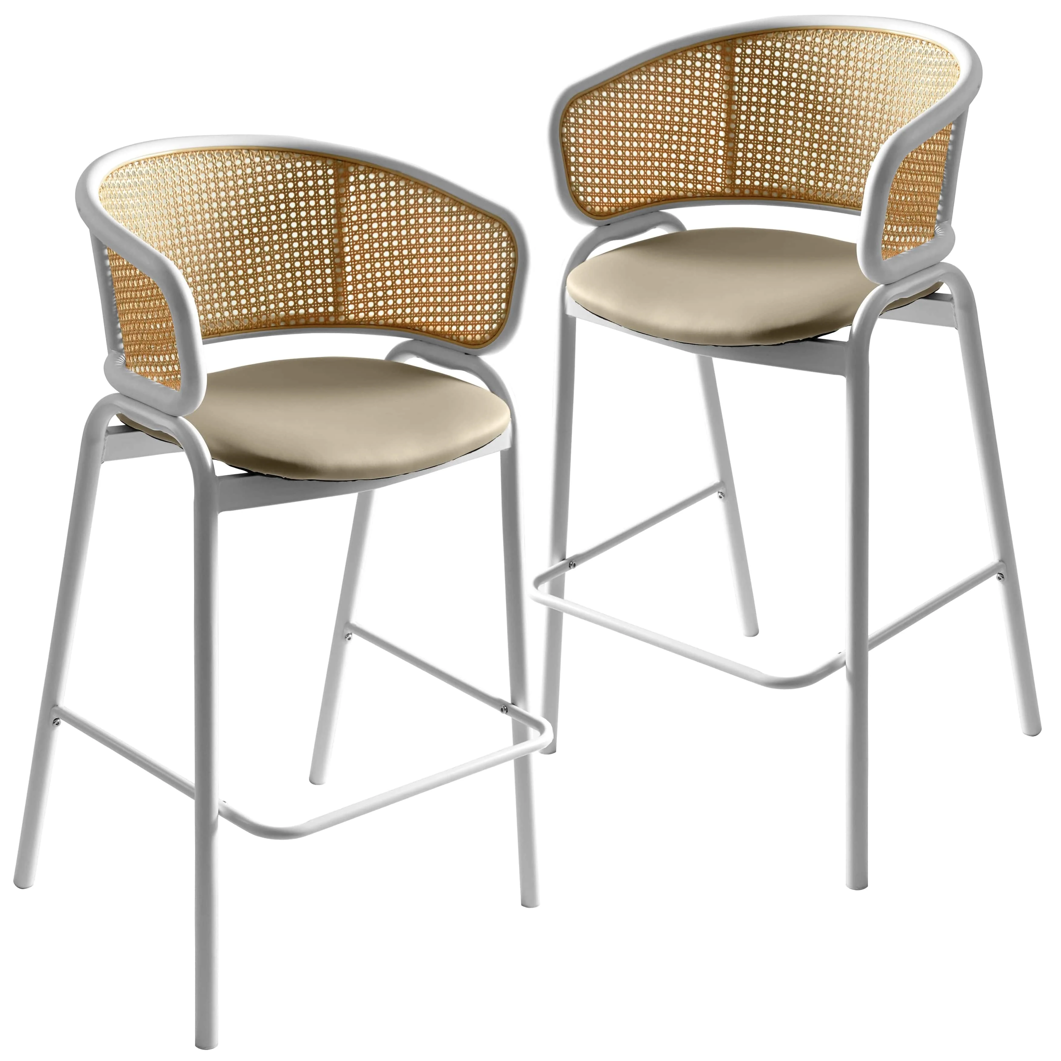 Ervilla Wicker Bar Stool with Fabric Seat and White Steel Frame - Taupe - Set of 2