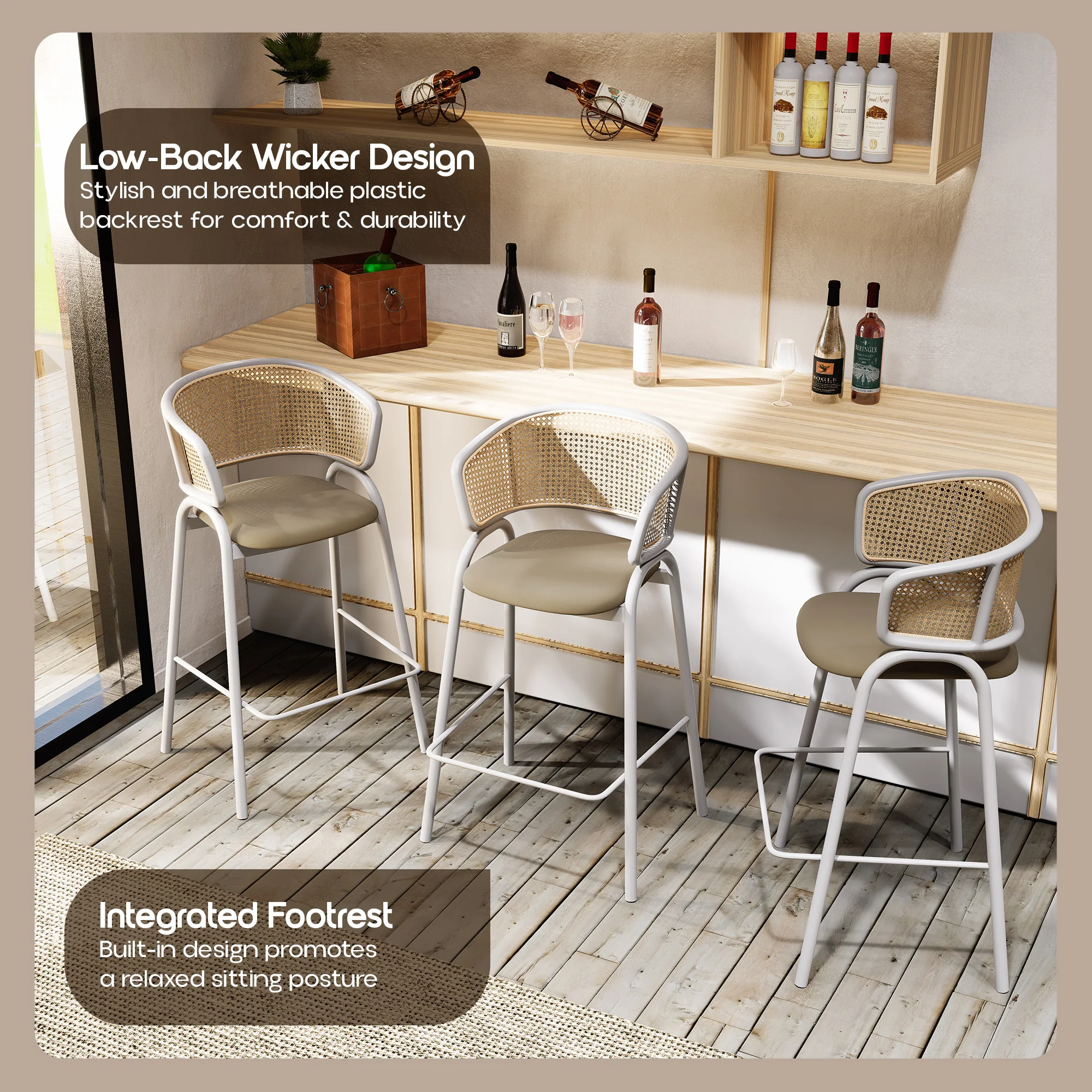 Ervilla Wicker Bar Stool with Fabric Seat and White Steel Frame - Taupe - Set of 2